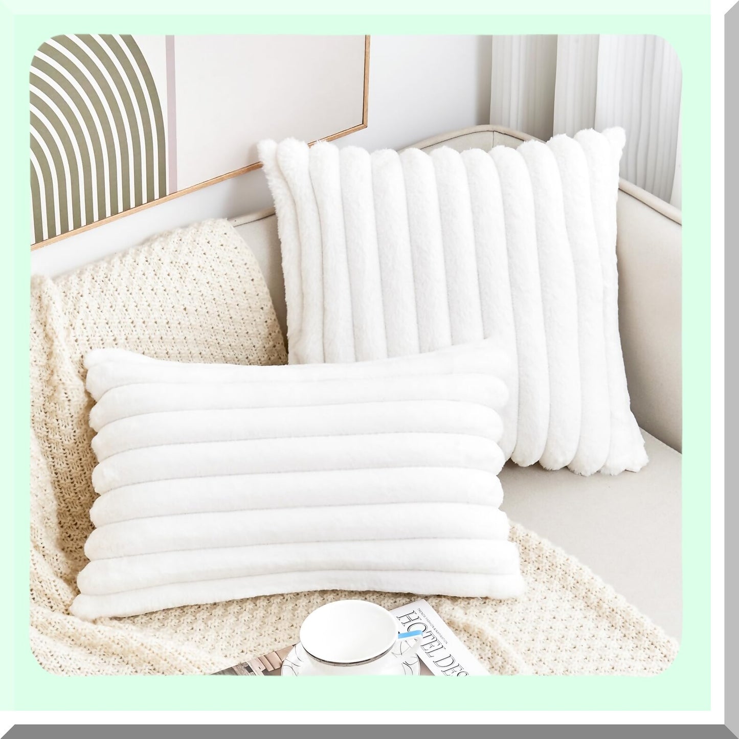 CozyStripe Pillowcase Set - Soft Cream White 18x18 Inch Decorative Throw Pillow Covers for Couch Sofa Bed Living Room - Boho Accent Fuzzy Home Decor - Fluffy Cute Stripe Design