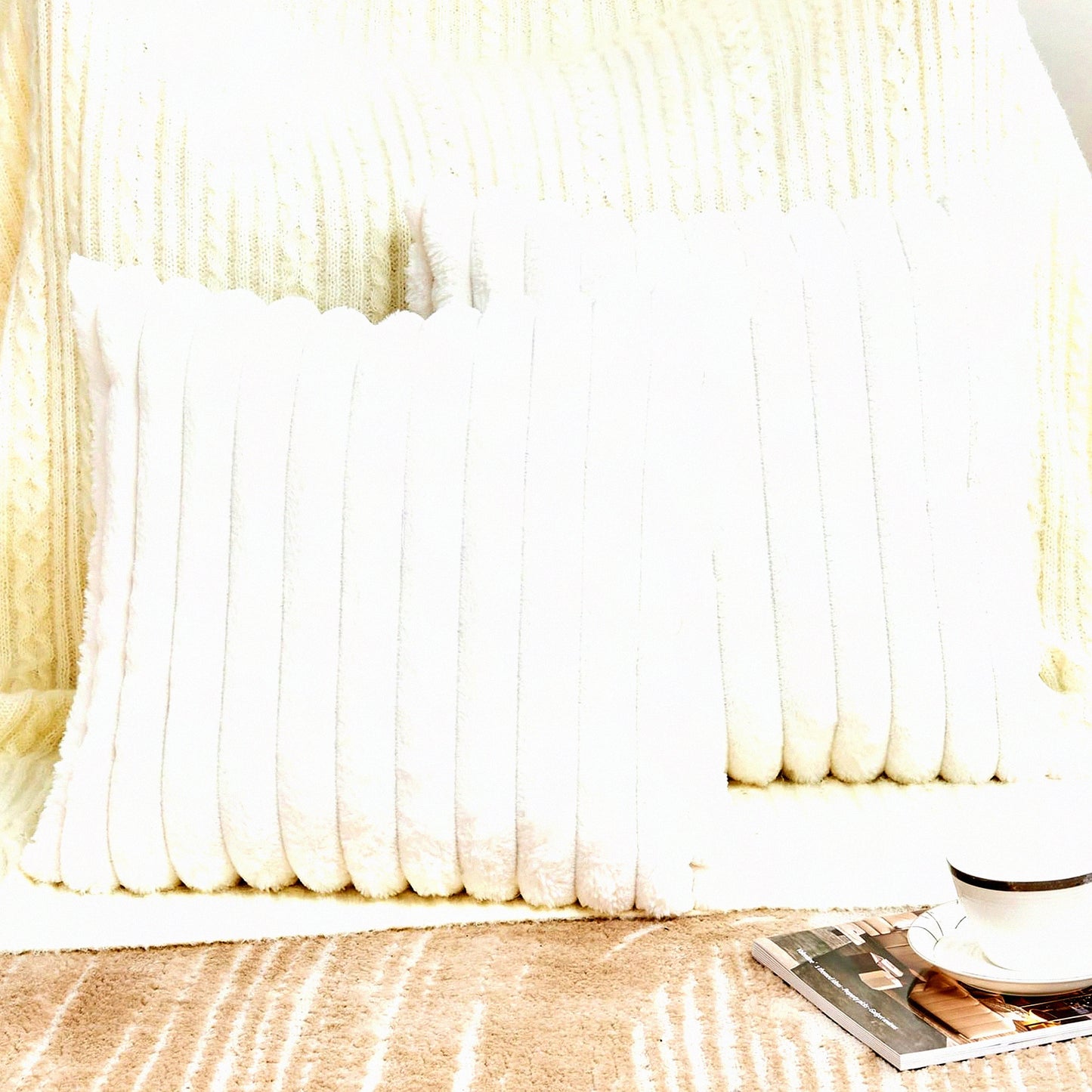 CozyStripe Pillowcase Set - Soft Cream White 18x18 Inch Decorative Throw Pillow Covers for Couch Sofa Bed Living Room - Boho Accent Fuzzy Home Decor - Fluffy Cute Stripe Design