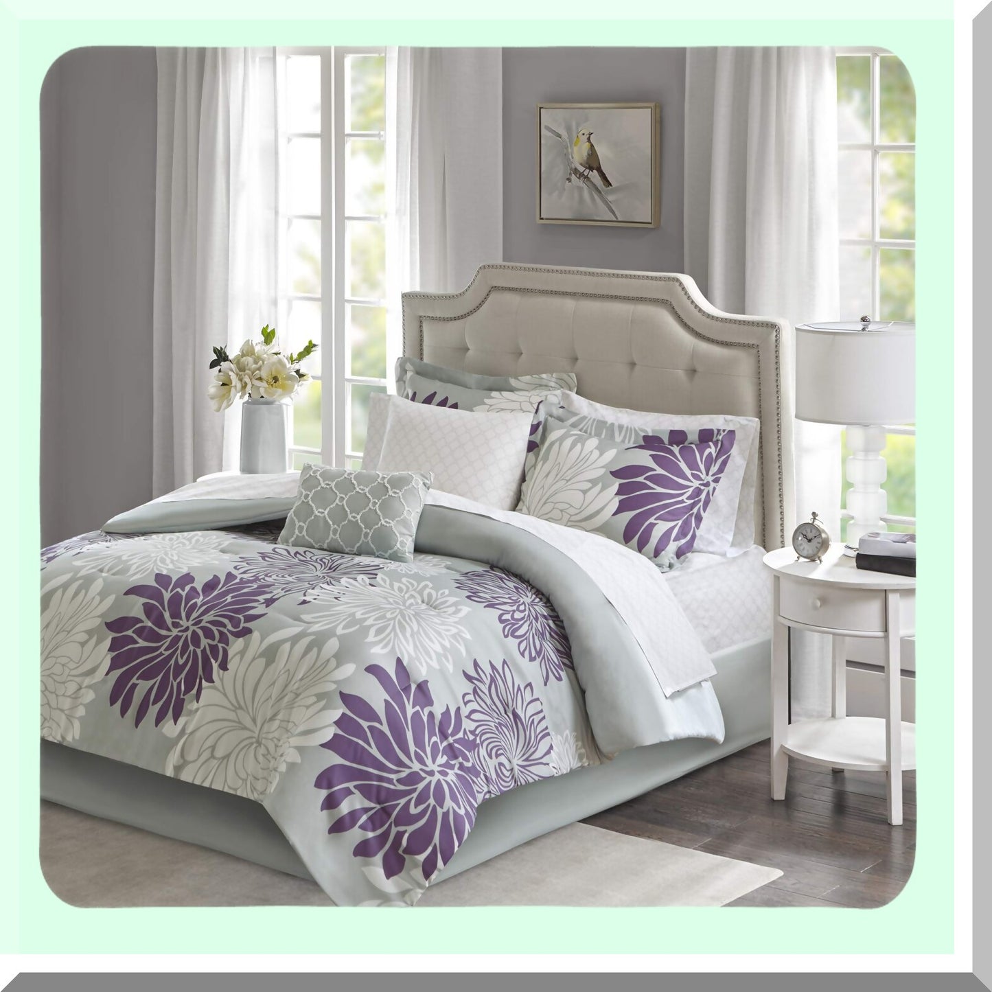 Floral Medallion Damask Comforter Set - Twin Size 7 Piece Bedding Bundle with Cotton Sheets, Decorative Pillow - Purple/Gray All Season Cover