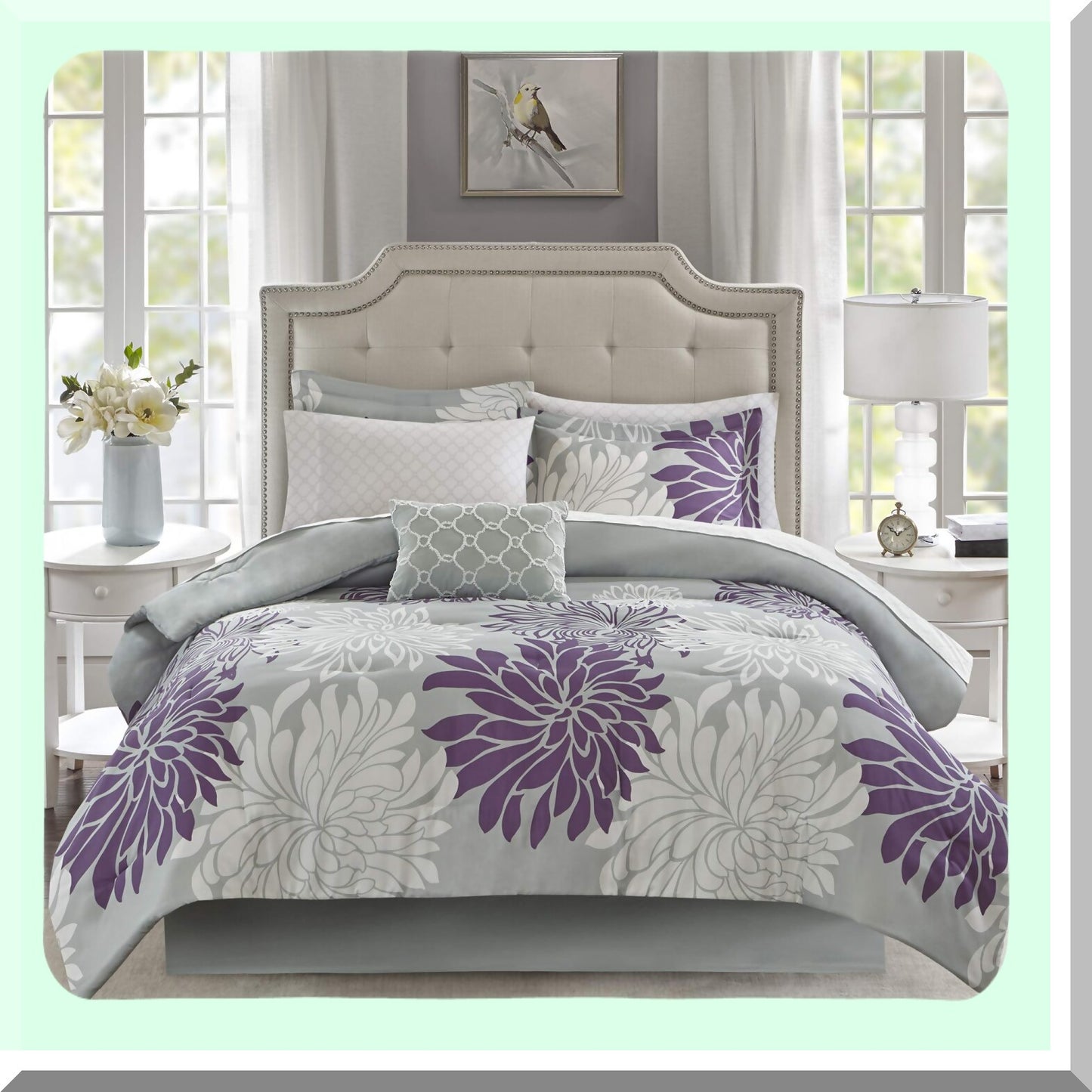 Floral Medallion Damask Comforter Set - Twin Size 7 Piece Bedding Bundle with Cotton Sheets, Decorative Pillow - Purple/Gray All Season Cover