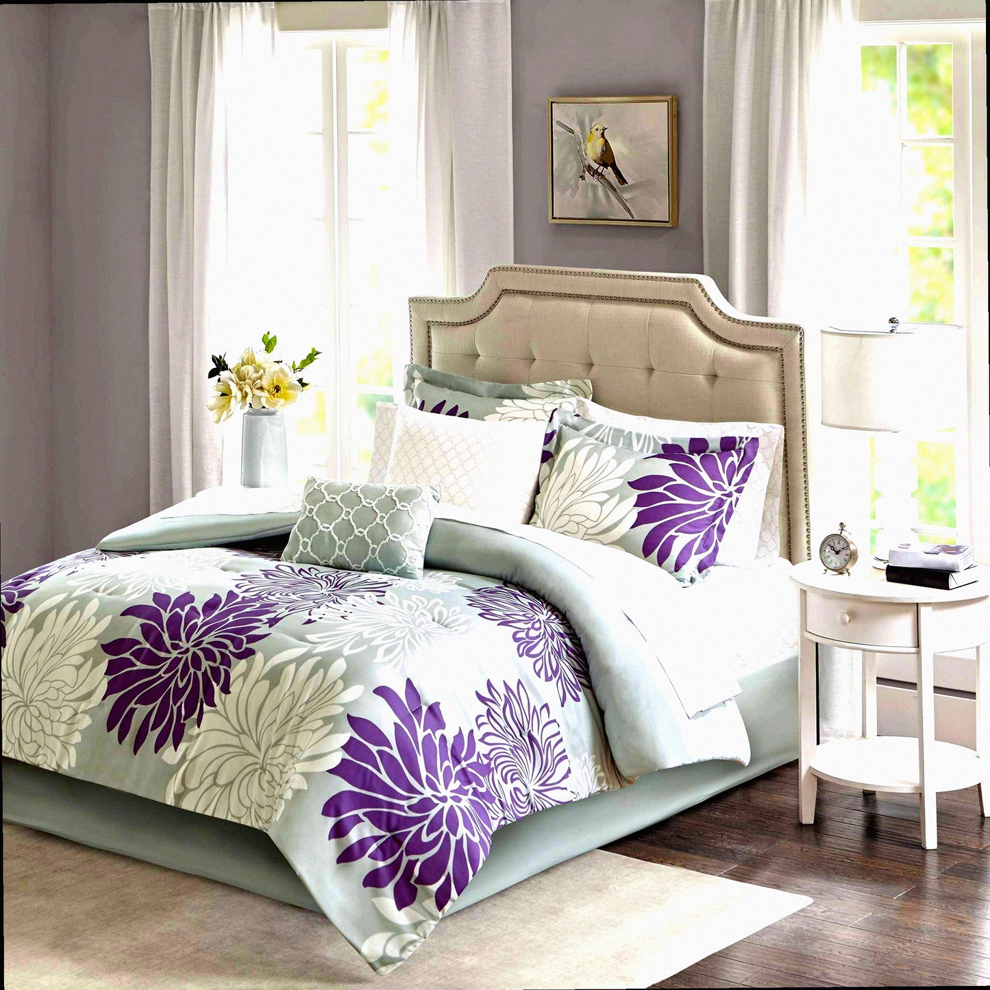 Floral Medallion Damask Comforter Set - Twin Size 7 Piece Bedding Bundle with Cotton Sheets, Decorative Pillow - Purple/Gray All Season Cover