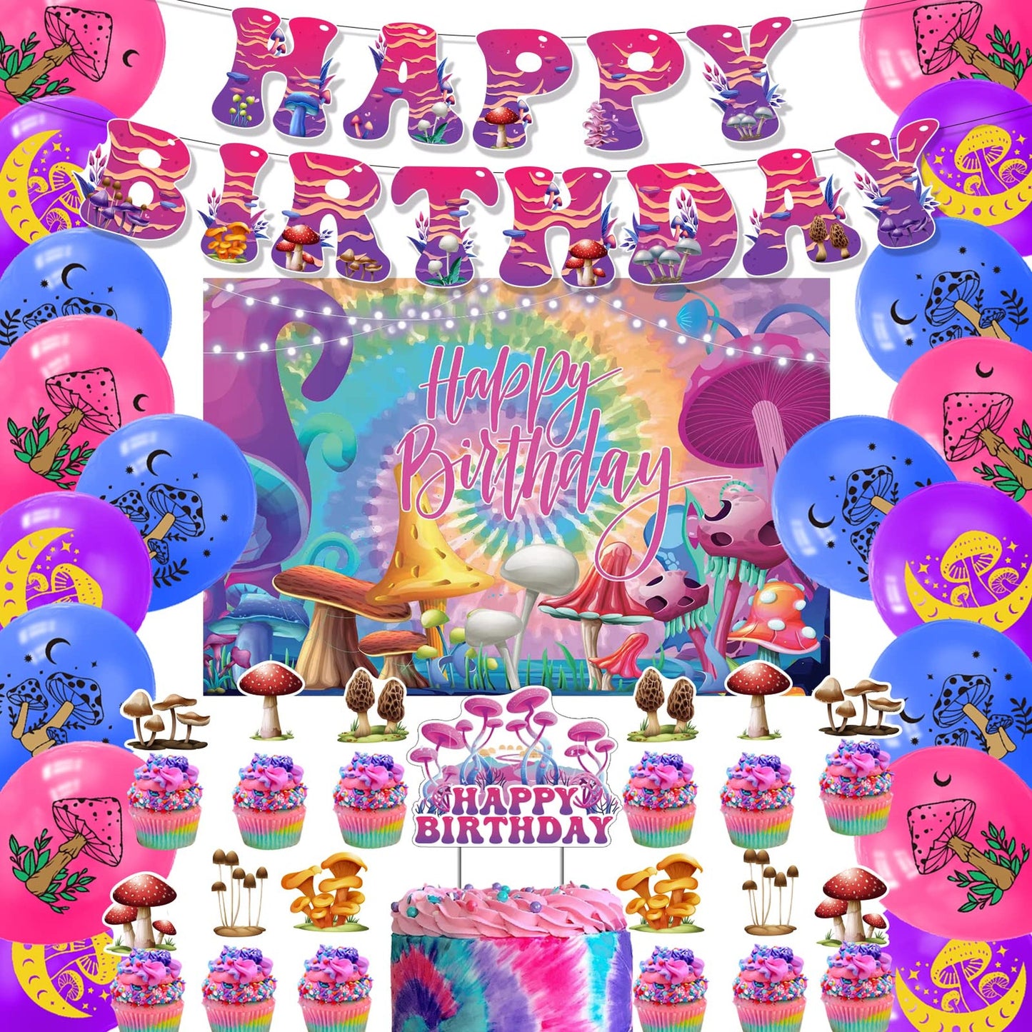 Mushroom Magic Party Pack - Backdrop, Banner, Cake Topper, Cupcake Toppers, Balloons - Baby Shower & Birthday Decorations - Celebrate with Style!