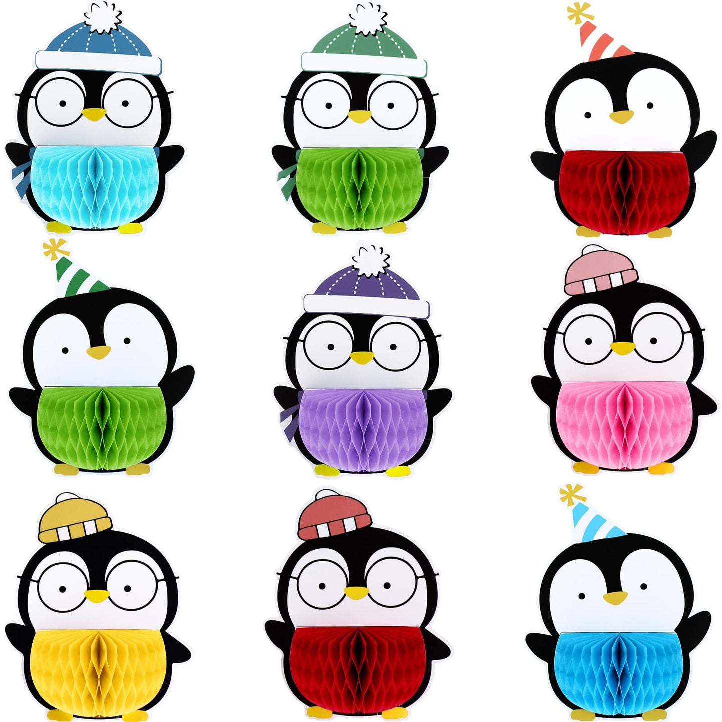 Arctic Penguin Honeycomb Centerpieces - Set of 9 Winter Theme Table Decorations for Baby Shower, Birthday Party Supplies & Polar Decor