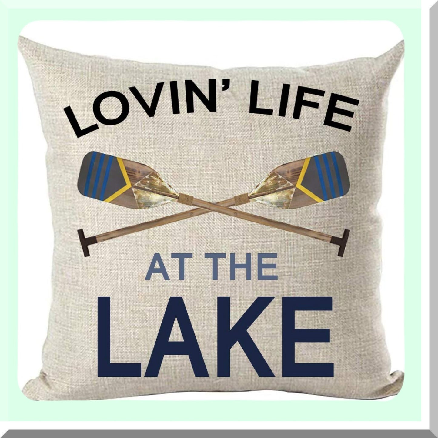 Lake Life Quote Decorative Pillow Cover - Black Blue Word Art Loving Life at The Lake Wooden Paddle Oar Summer Home Decor - Cotton Linen Square 18 x 18 Inches for Living Room, Bed, Sofa, Car
