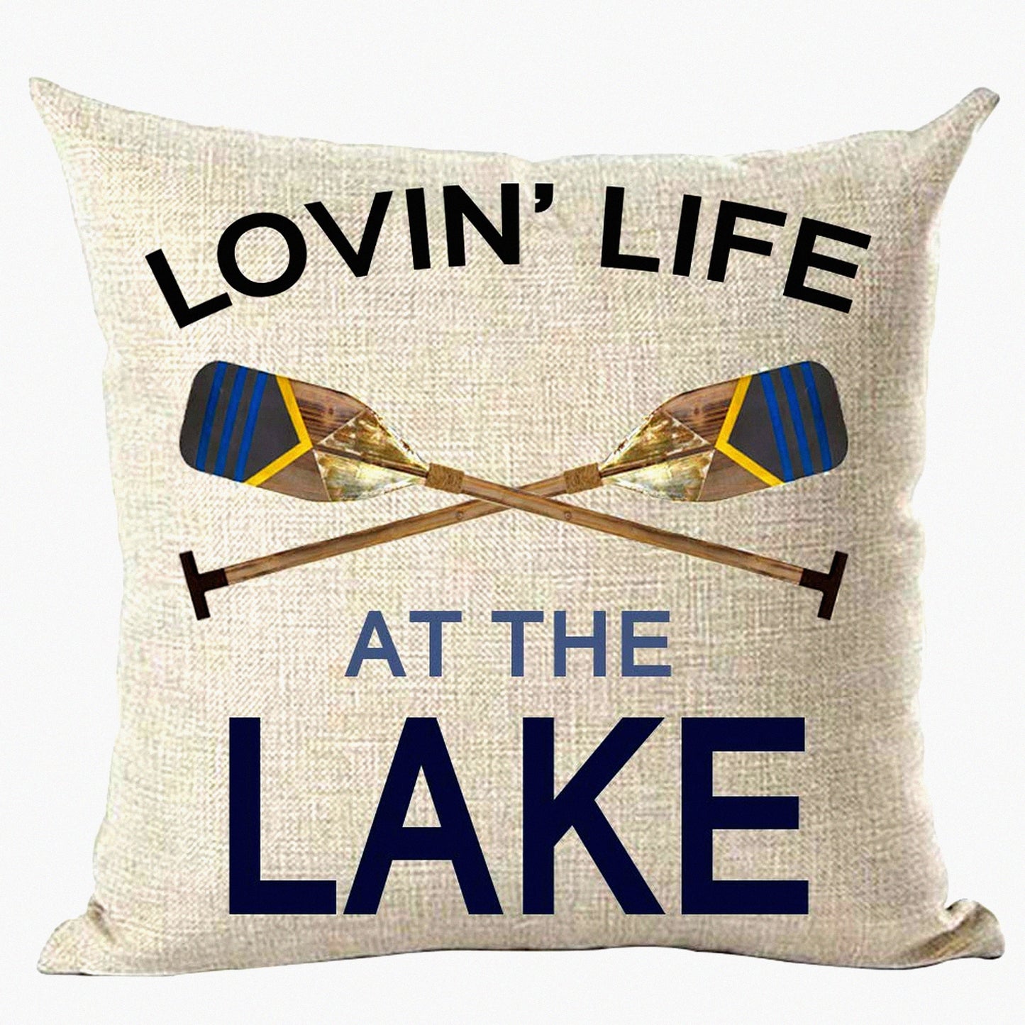 Lake Life Quote Decorative Pillow Cover - Black Blue Word Art Loving Life at The Lake Wooden Paddle Oar Summer Home Decor - Cotton Linen Square 18 x 18 Inches for Living Room, Bed, Sofa, Car
