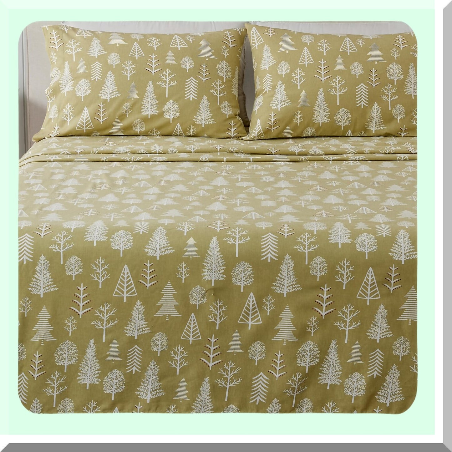 Winter Lodge Flannel Queen Sheet Set - Double-Brushed Cotton Bedding with Winter Forest Print in Sage/Red - 4 Piece Set with Pillowcases