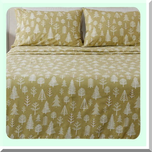 Winter Lodge Flannel Queen Sheet Set - Double-Brushed Cotton Bedding with Winter Forest Print in Sage/Red - 4 Piece Set with Pillowcases
