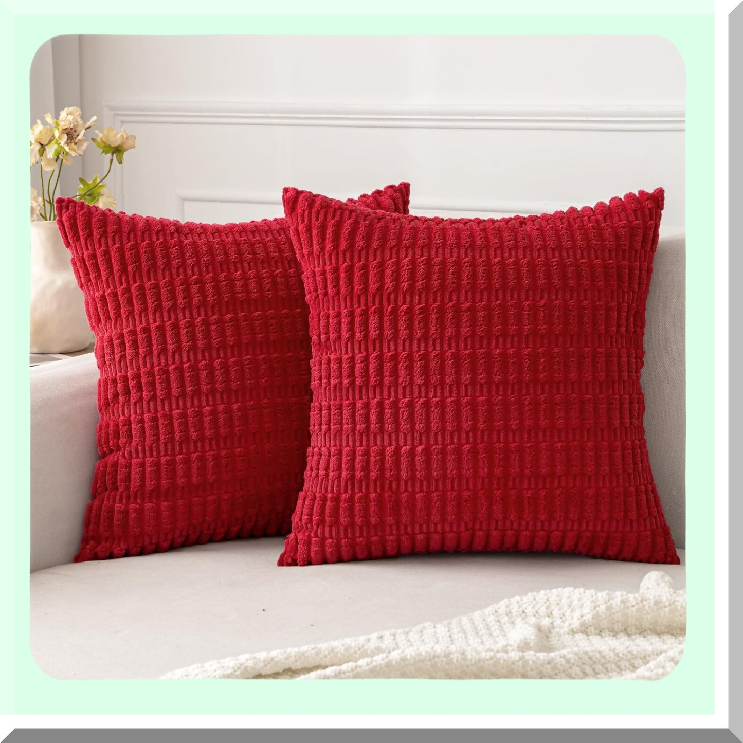 Red Corduroy Boho Stripe Pillow Covers - Set of 2 | 18x18 Inch Soft Modern Farmhouse Decorative Throw Pillow Covers for Sofa, Living Room, Couch, Bed