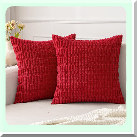 Red Corduroy Boho Stripe Pillow Covers - Set of 2 | 18x18 Inch Soft Modern Farmhouse Decorative Throw Pillow Covers for Sofa, Living Room, Couch, Bed