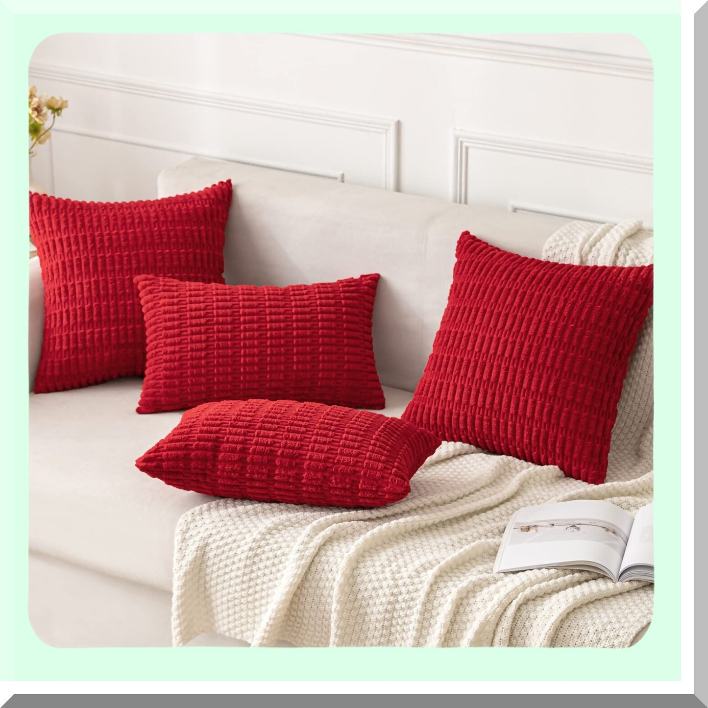 Red Corduroy Boho Stripe Pillow Covers - Set of 2 | 18x18 Inch Soft Modern Farmhouse Decorative Throw Pillow Covers for Sofa, Living Room, Couch, Bed