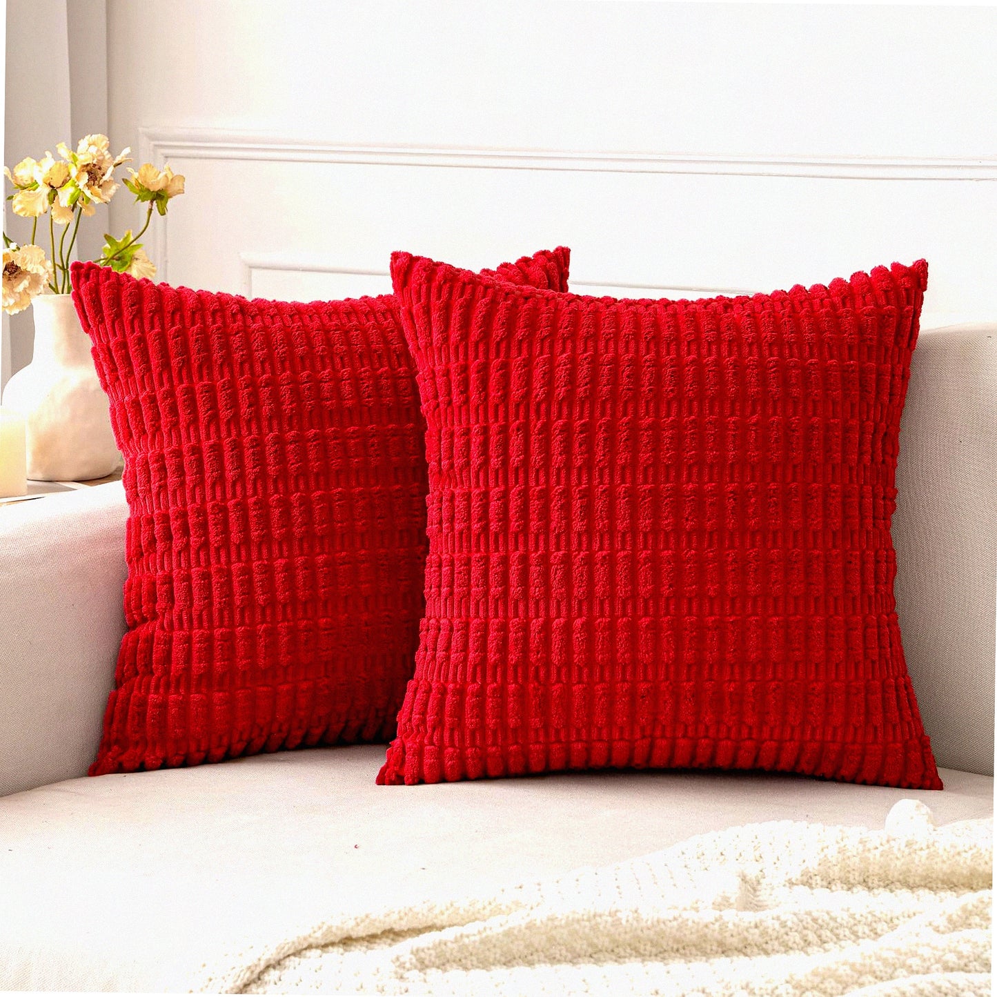 Red Corduroy Boho Stripe Pillow Covers - Set of 2 | 18x18 Inch Soft Modern Farmhouse Decorative Throw Pillow Covers for Sofa, Living Room, Couch, Bed