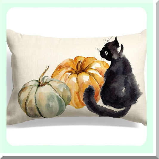 Watercolor Pumpkin Cat Fall Pillow Cover - Autumn Decor Cushion for Sofa - 20x12 Inch Pumpkins Throw Pillow Cover - Fall Home Decor Accessory