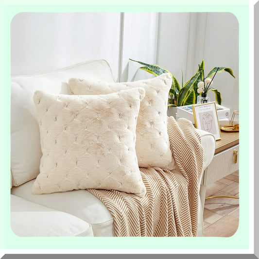 Luxury Faux Fur Diamond Pillow Covers - Set of 2 Decorative Cushion Cases for Sofa Couch, Bedroom, Living Room, Car - 20"x20" Beige White Cozy Home Décor