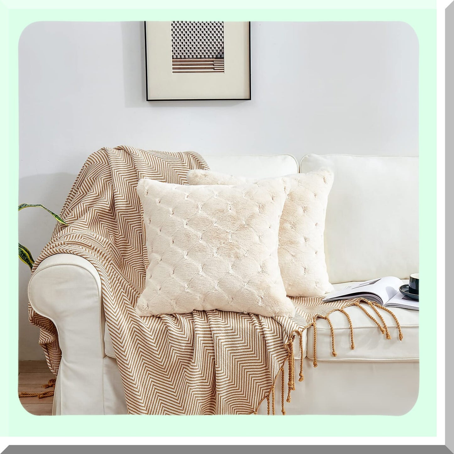 Luxury Faux Fur Diamond Pillow Covers - Set of 2 Decorative Cushion Cases for Sofa Couch, Bedroom, Living Room, Car - 20"x20" Beige White Cozy Home Décor