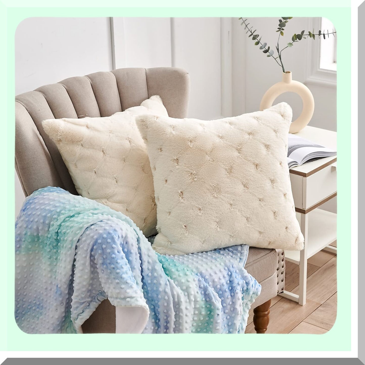 Luxury Faux Fur Diamond Pillow Covers - Set of 2 Decorative Cushion Cases for Sofa Couch, Bedroom, Living Room, Car - 20"x20" Beige White Cozy Home Décor