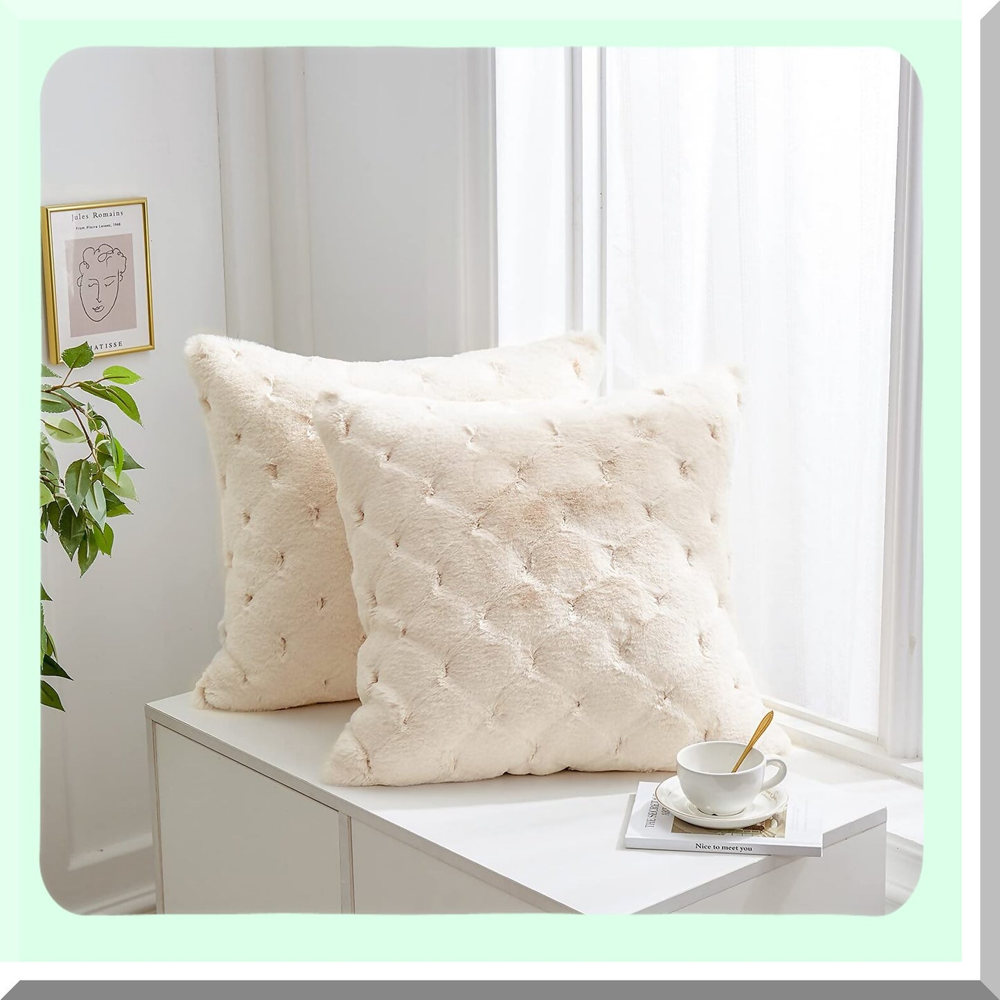 Luxury Faux Fur Diamond Pillow Covers - Set of 2 Decorative Cushion Cases for Sofa Couch, Bedroom, Living Room, Car - 20"x20" Beige White Cozy Home Décor