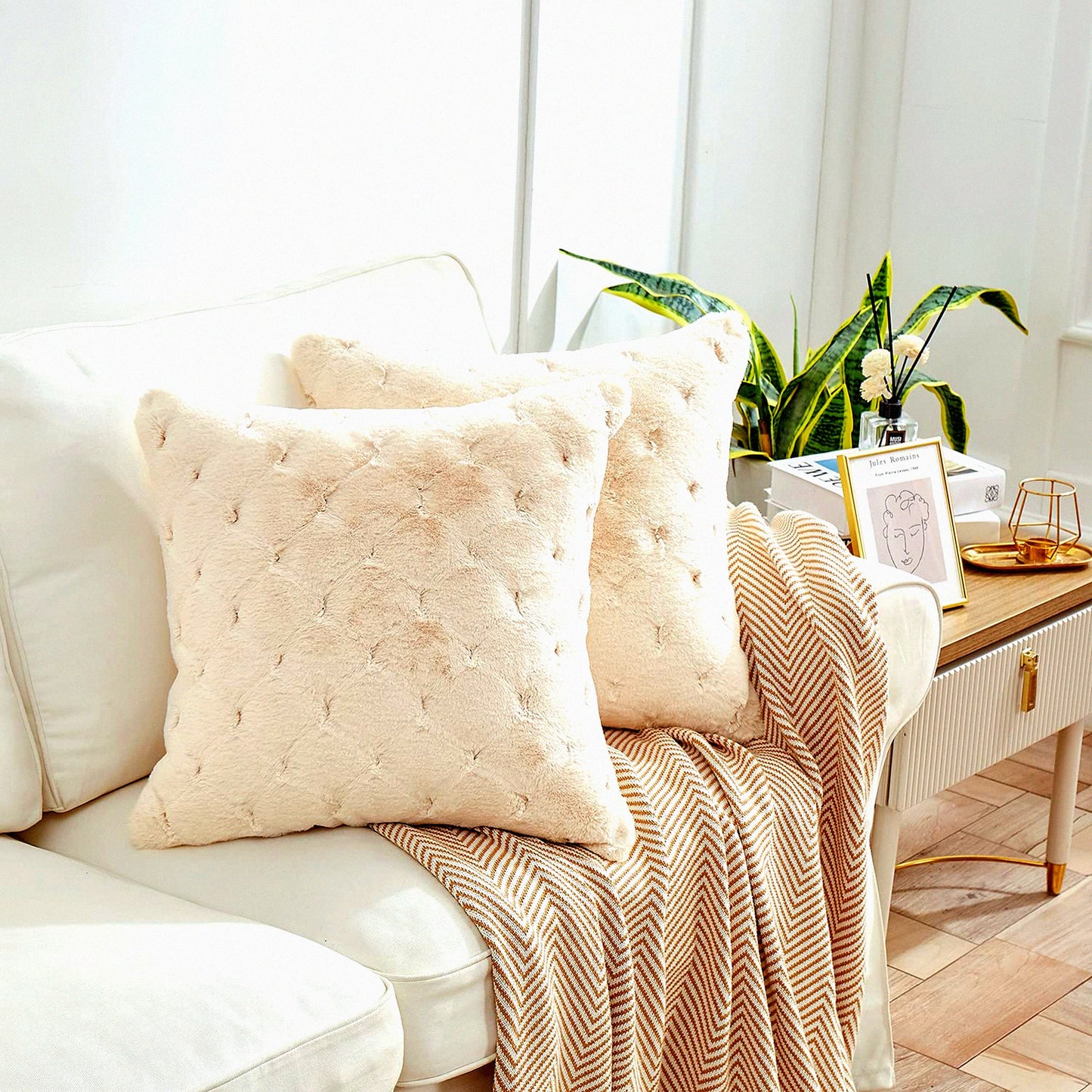 Luxury Faux Fur Diamond Pillow Covers - Set of 2 Decorative Cushion Cases for Sofa Couch, Bedroom, Living Room, Car - 20"x20" Beige White Cozy Home Décor