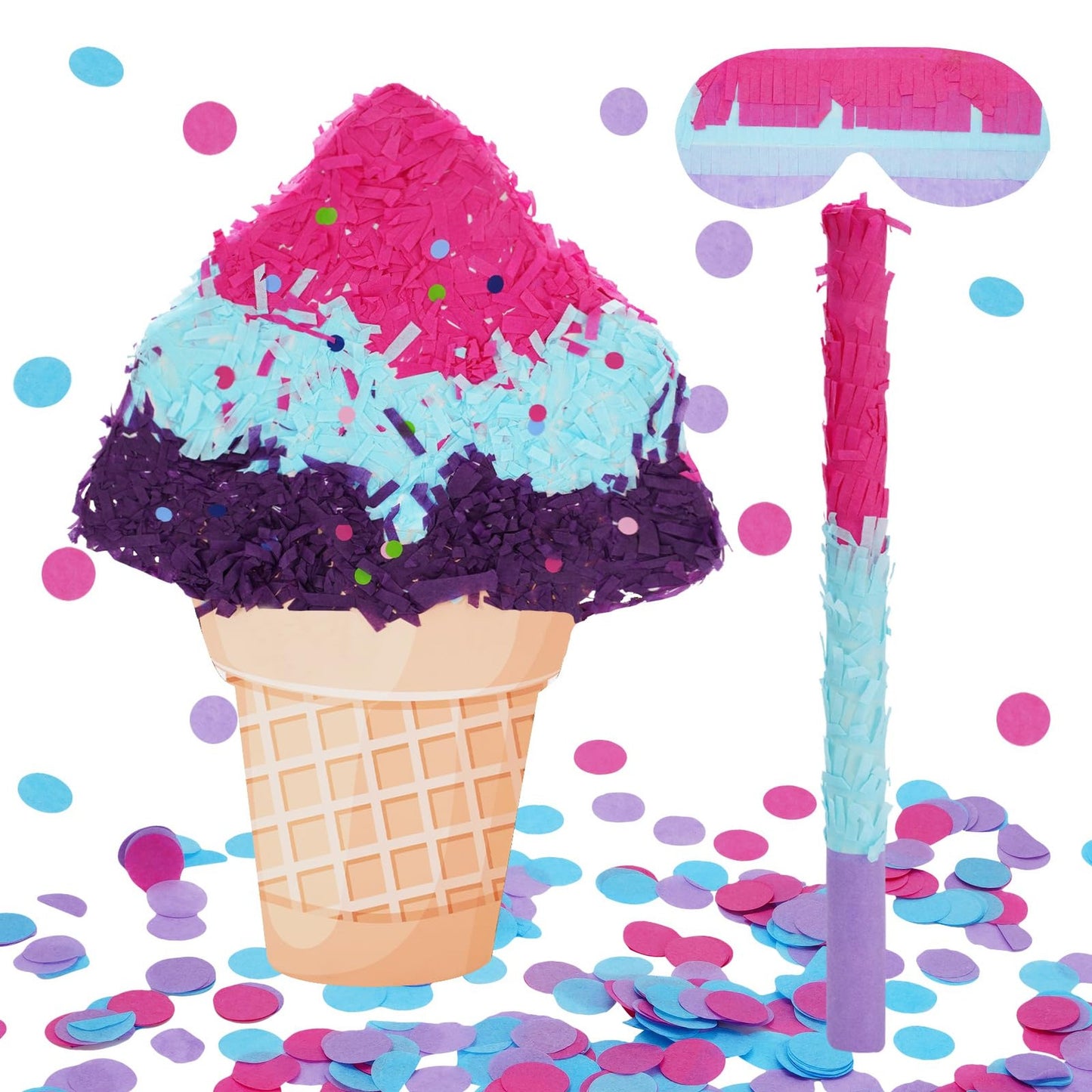 Summer Fun Ice Cream Pinata Kit - Includes Stick, Blindfold, Confetti - Pink, Blue, Purple - Perfect for Kids' Birthday Parties and Baby Showers!