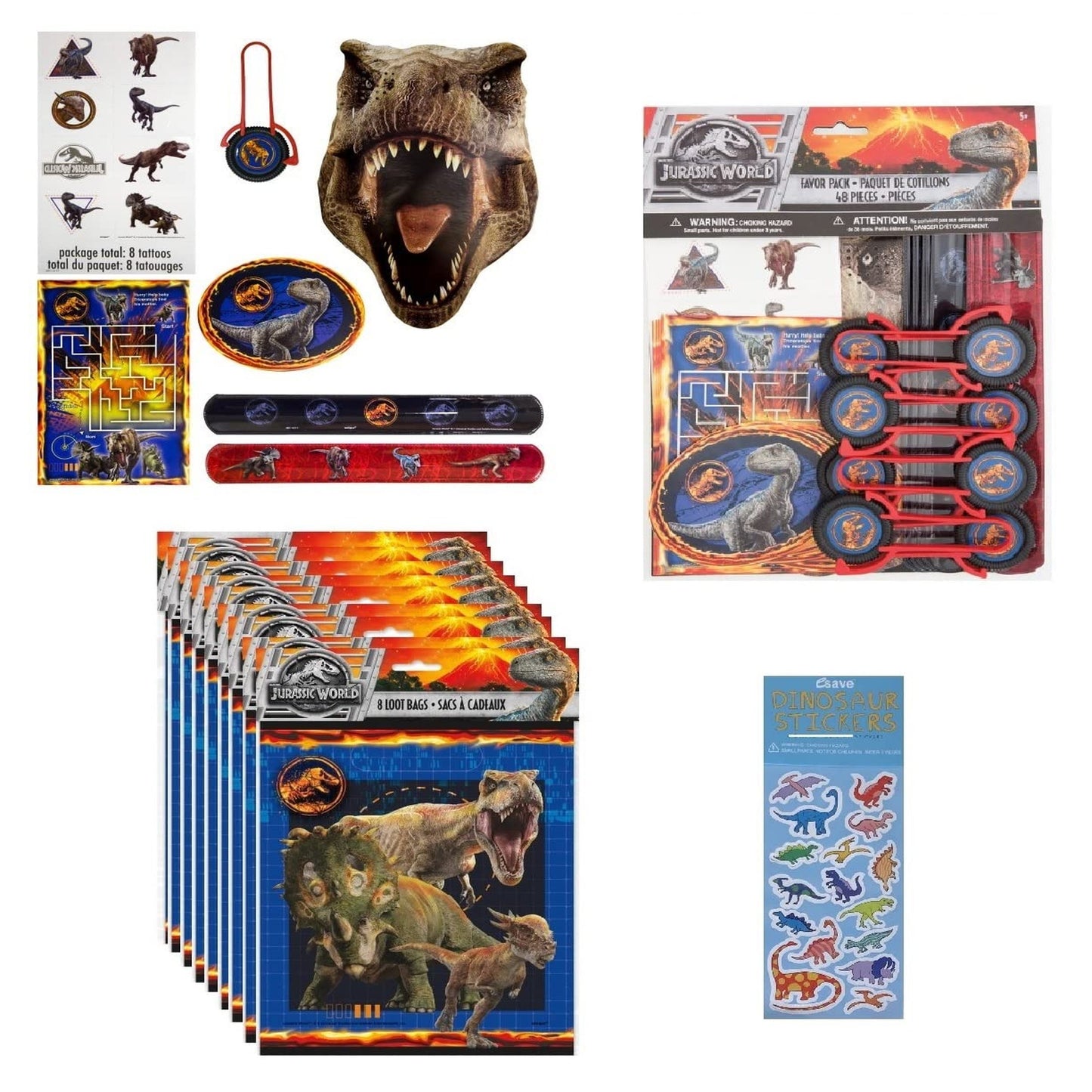 Juric Adventure Party Pack - 48 Pc Bundle with Loot Bags, Stickers, Activity Sheets, Slap Bracelets, Paper Masks, and Disc Shooters - Dino Themed Fun!