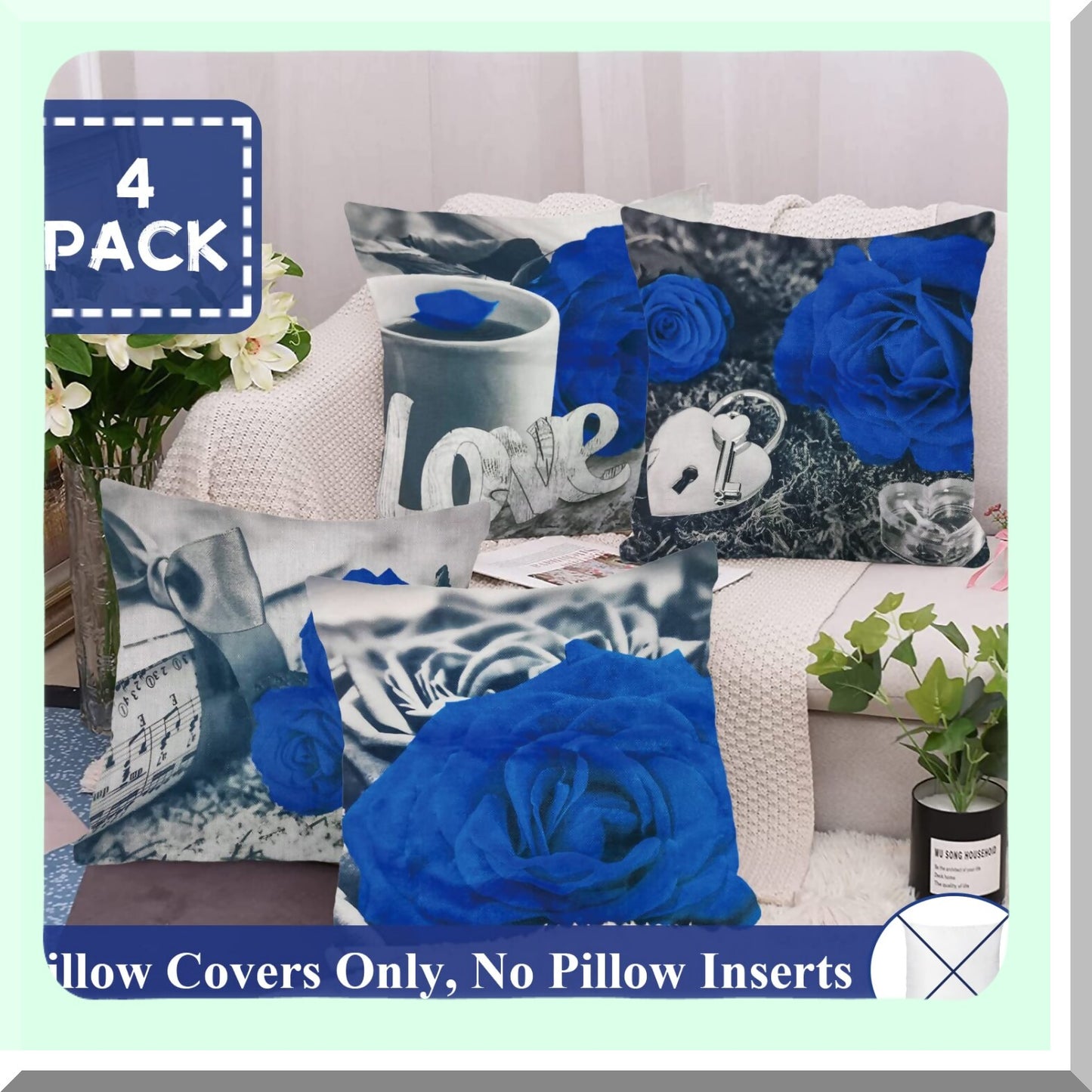 Blue Blossom Linen Pillow Covers - Set of 4 | Decorative Throw Pillow Cases for Couch, Bed, Living Room | Farmhouse Style 18x18 | Spring Summer Home Decor