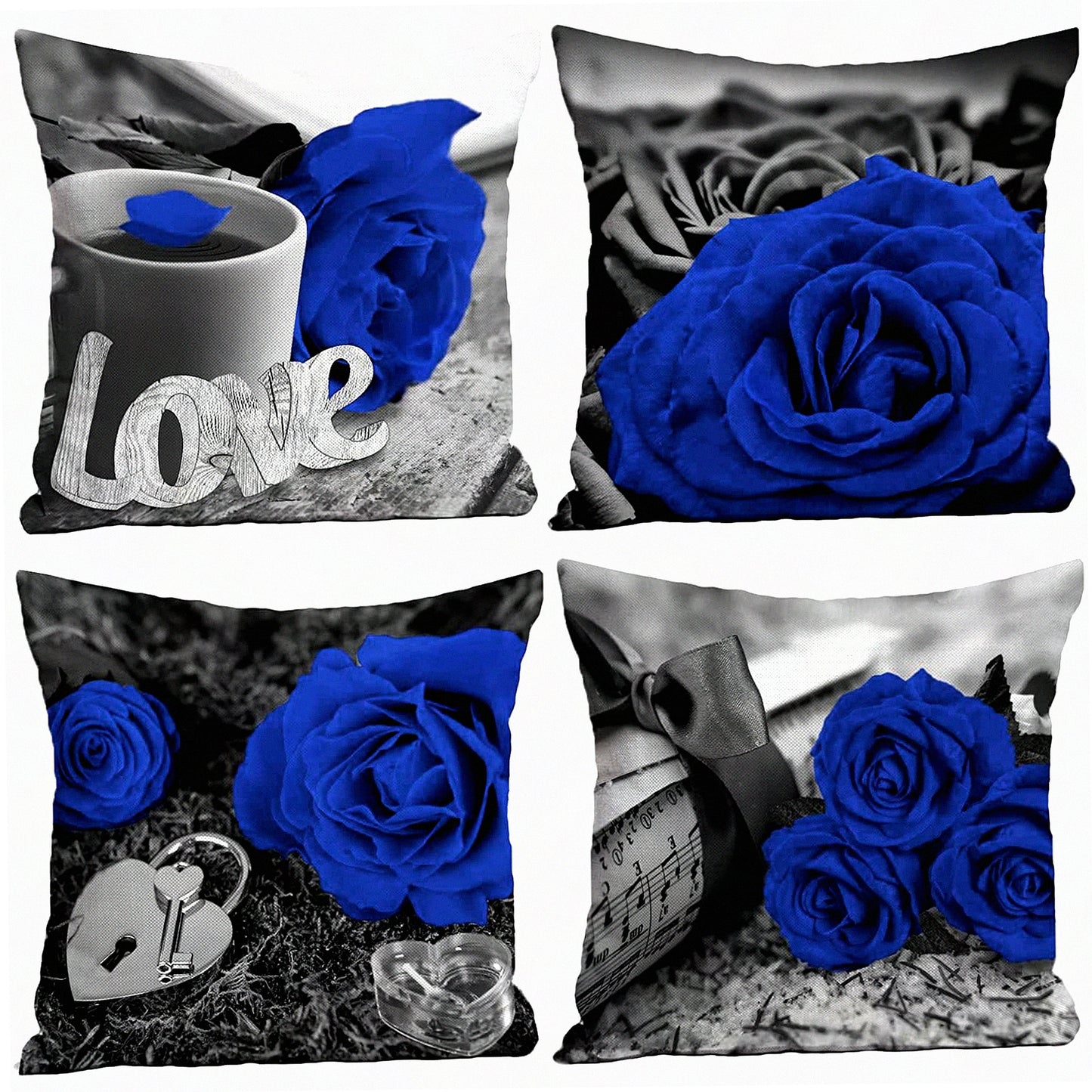 Blue Blossom Linen Pillow Covers - Set of 4 | Decorative Throw Pillow Cases for Couch, Bed, Living Room | Farmhouse Style 18x18 | Spring Summer Home Decor