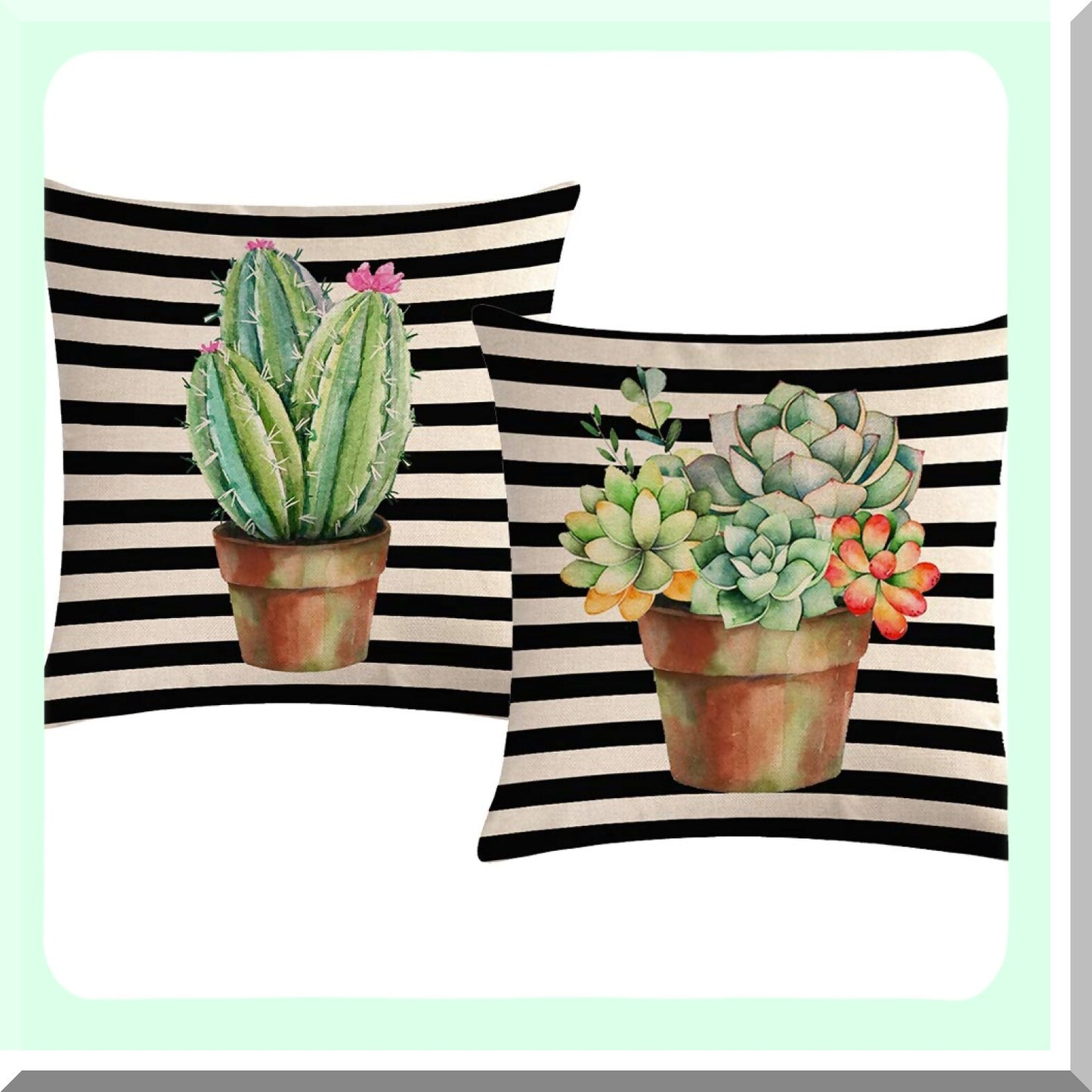 Tropical Succulent Cactus Farmhouse Pillow Covers - Set of 2, 18x18 Square Cushion Decor - Black Striped Home Decorative Case