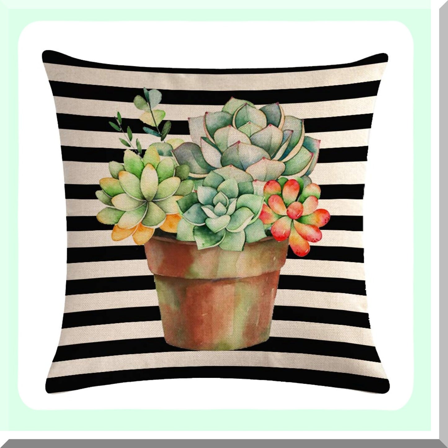 Tropical Succulent Cactus Farmhouse Pillow Covers - Set of 2, 18x18 Square Cushion Decor - Black Striped Home Decorative Case