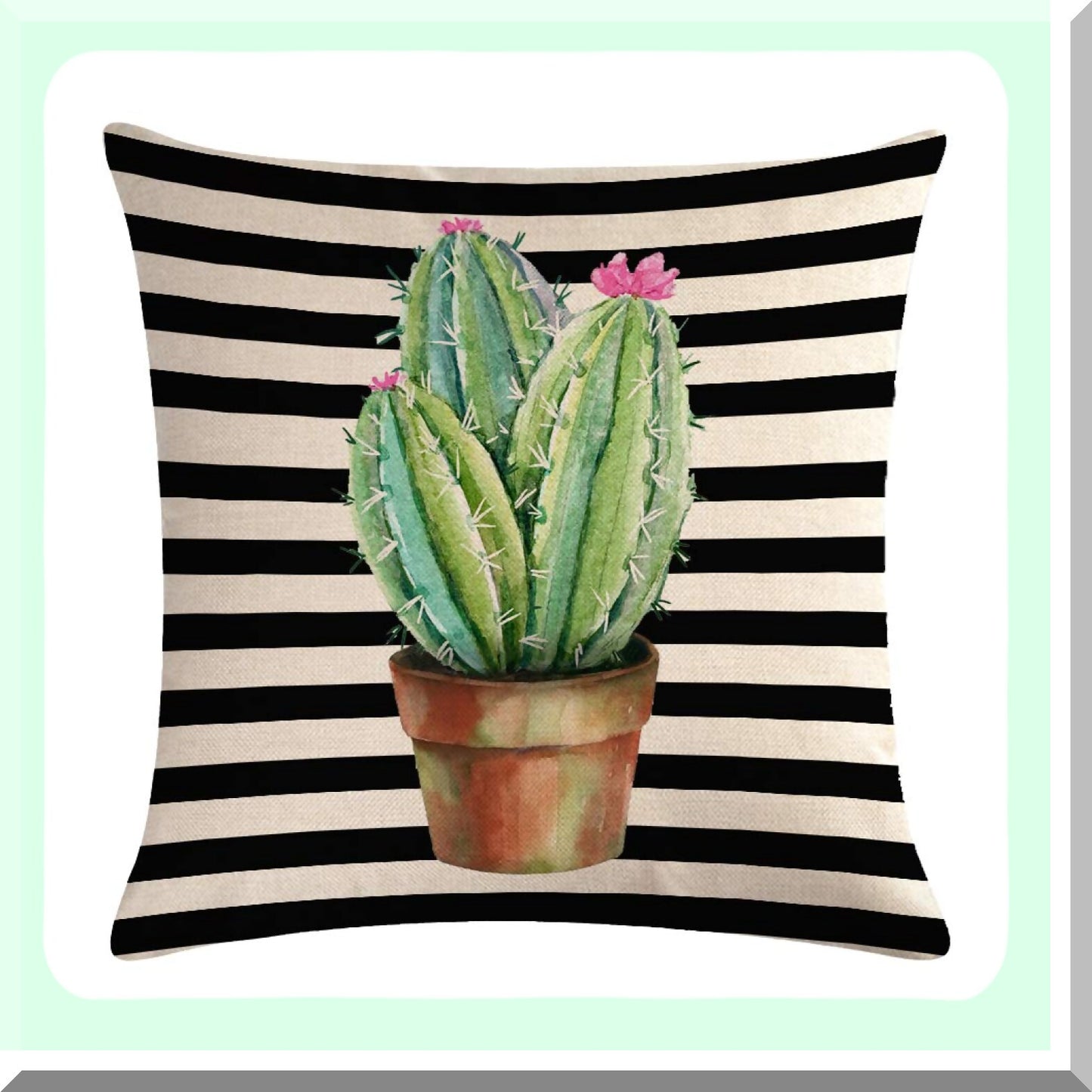 Tropical Succulent Cactus Farmhouse Pillow Covers - Set of 2, 18x18 Square Cushion Decor - Black Striped Home Decorative Case