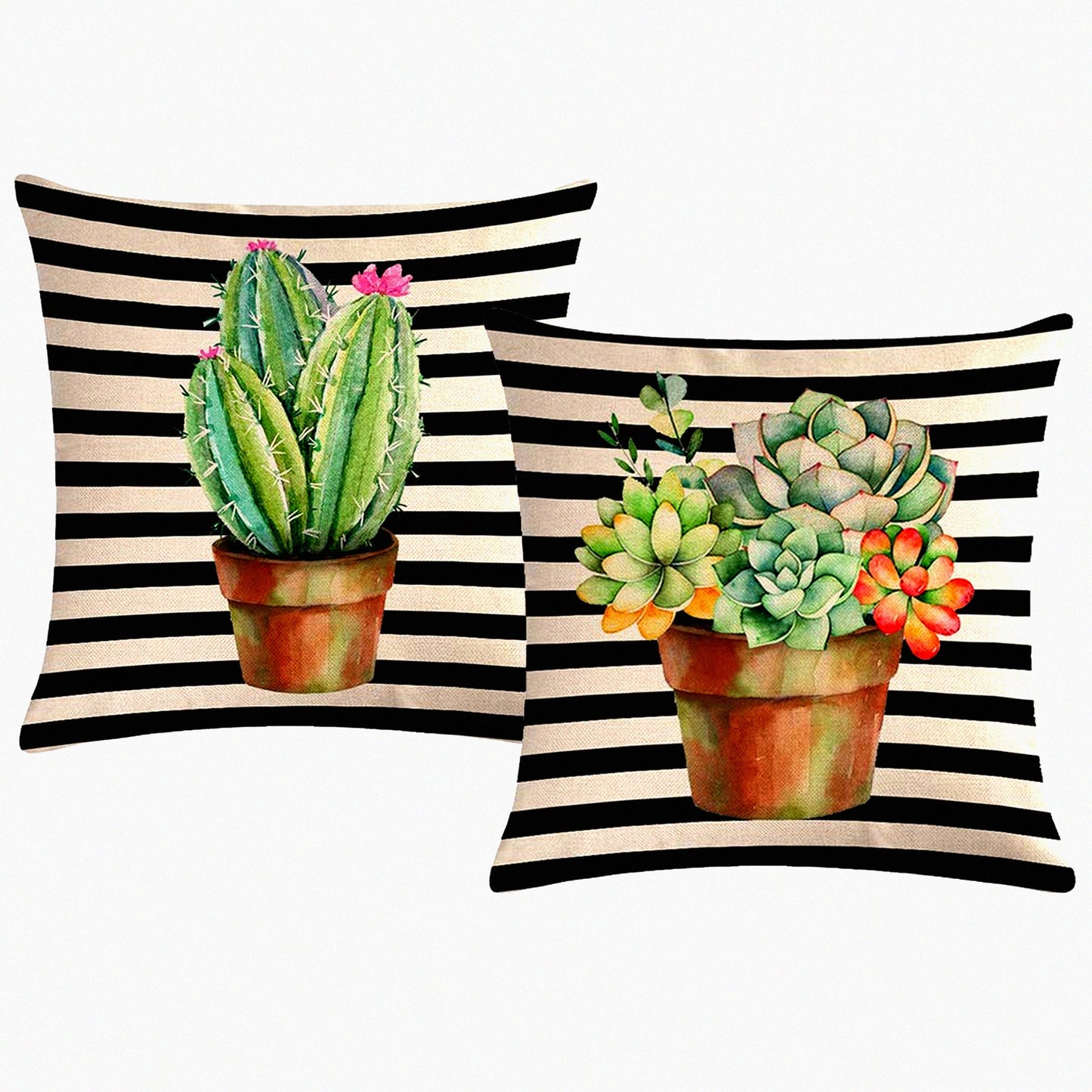 Tropical Succulent Cactus Farmhouse Pillow Covers - Set of 2, 18x18 Square Cushion Decor - Black Striped Home Decorative Case
