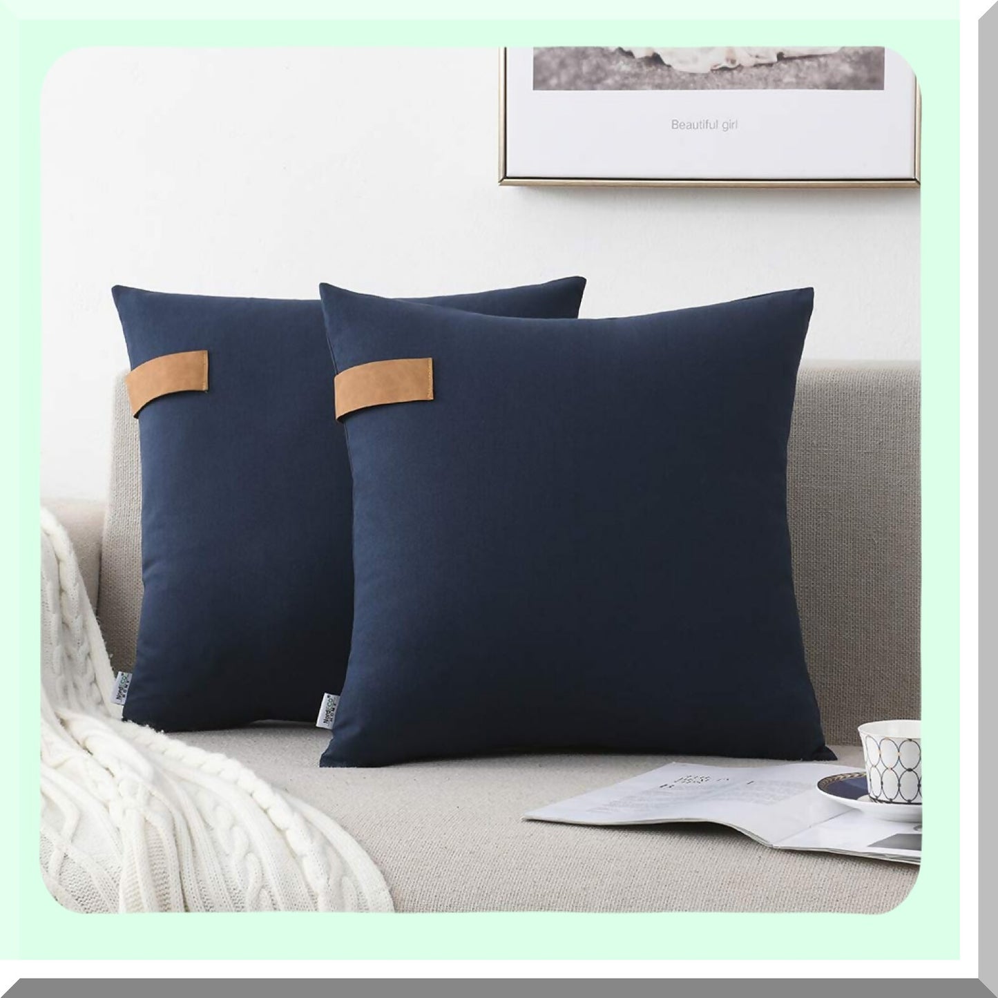 Cotton Farmhouse Decorative Pillow Covers - Set of 2 Soft Navy Throw Pillows for Couch & Outdoor Decoration, 18 x 18 Square