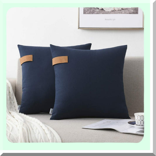 Cotton Farmhouse Decorative Pillow Covers - Set of 2 Soft Navy Throw Pillows for Couch & Outdoor Decoration, 18 x 18 Square