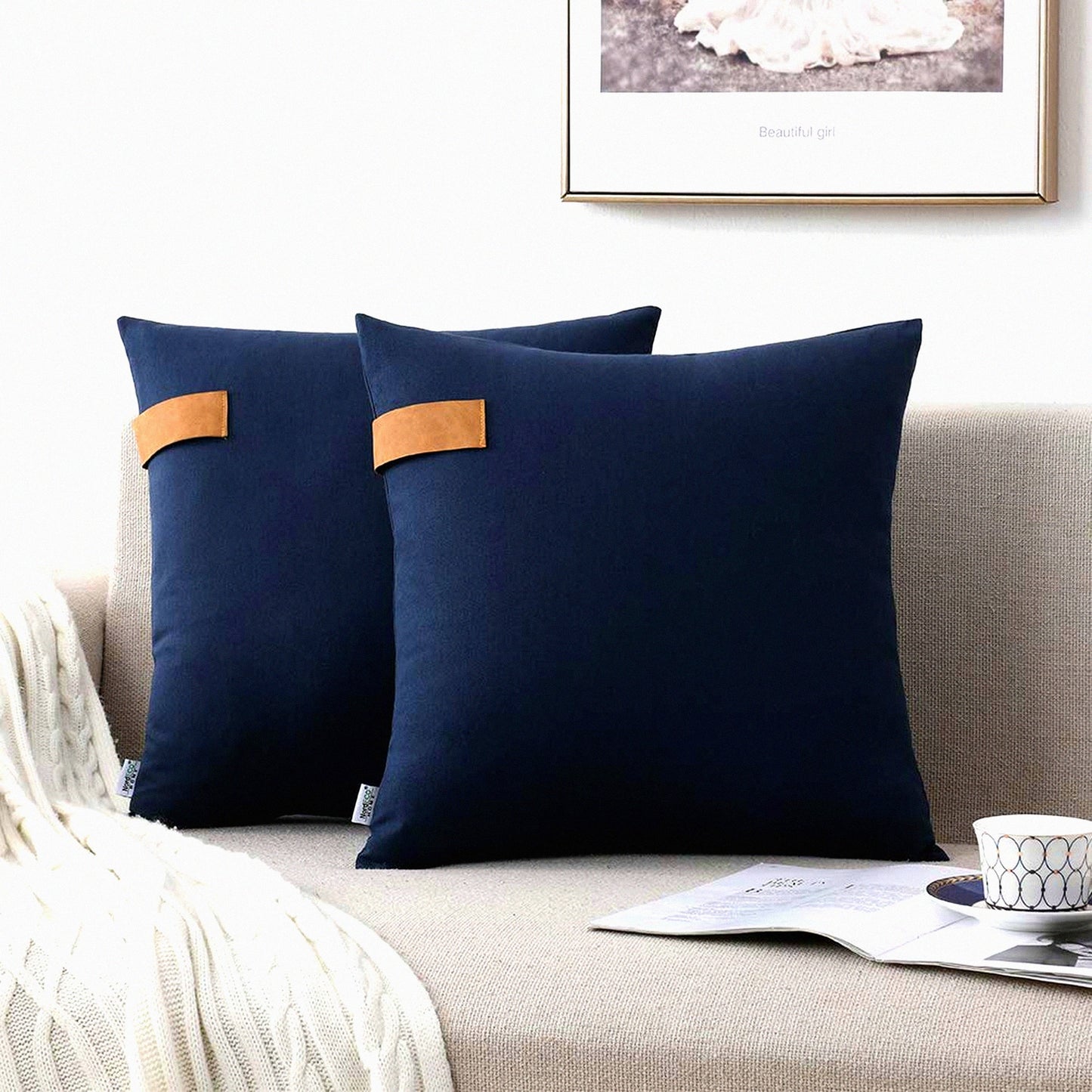 Cotton Farmhouse Decorative Pillow Covers - Set of 2 Soft Navy Throw Pillows for Couch & Outdoor Decoration, 18 x 18 Square