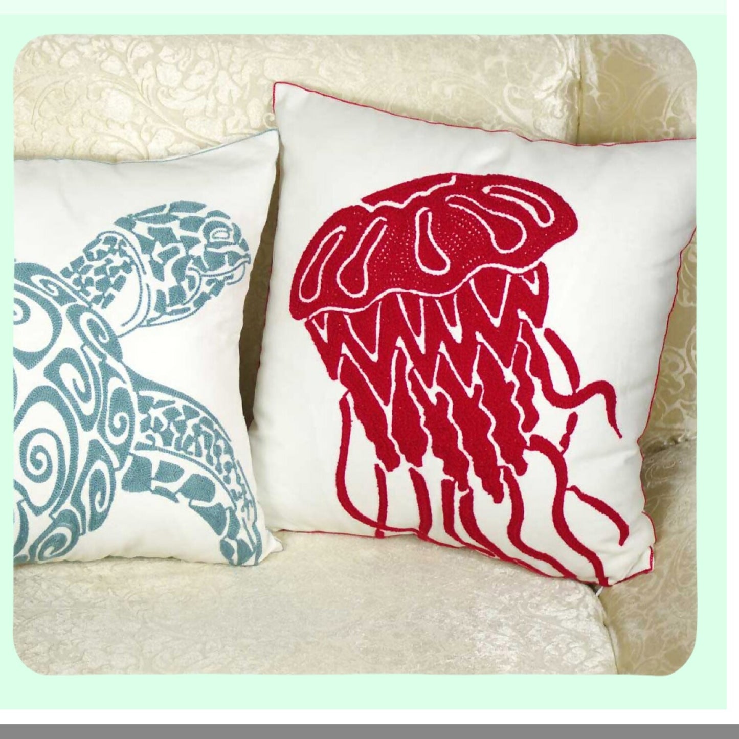 Nautical Animal Embroidered Pillow Cover - Coastal Decor Square 18" Canvas Cushion Cover - Cute Sea Creature Theme for Home Decoration by Red-Jellyfish