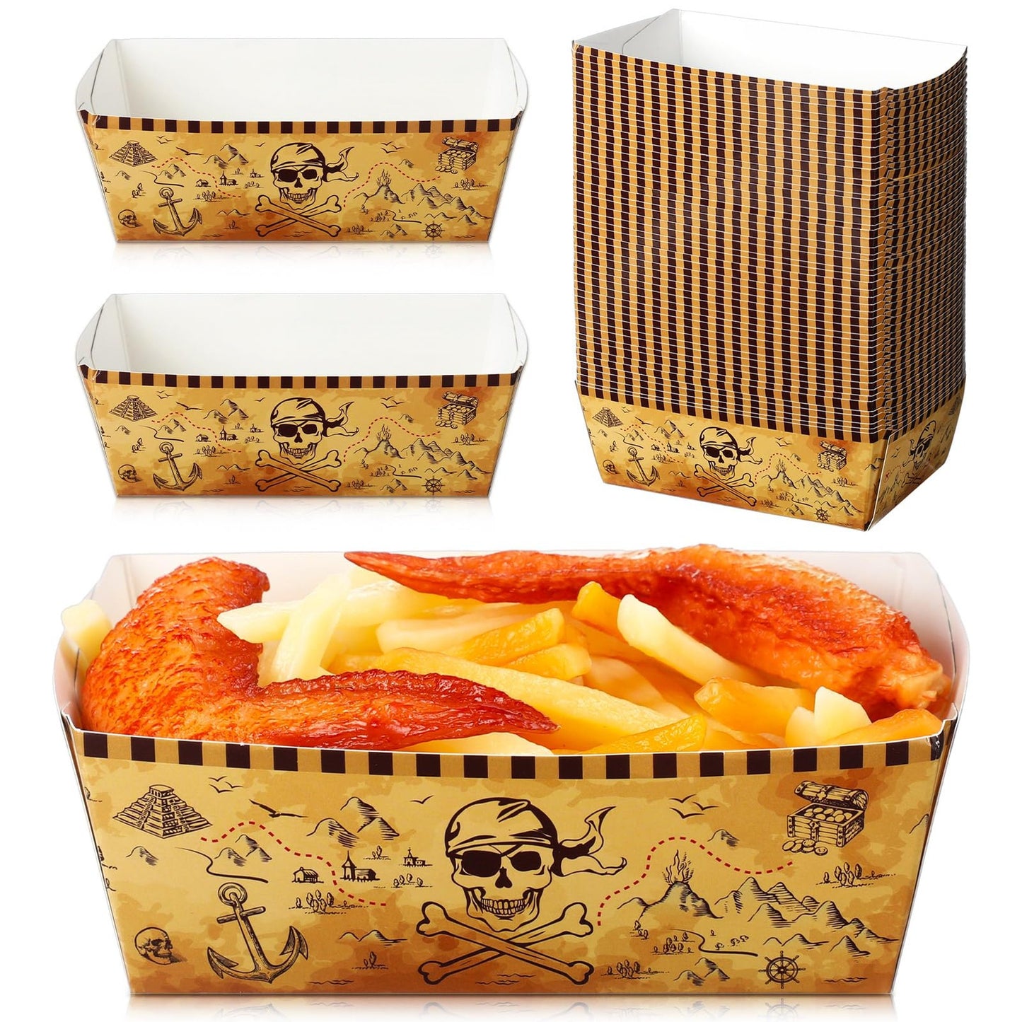 Pirate Party Snack Boat Trays - Nautical Theme Decorations for Caribbean Birthday & Baby Shower - Disposable Food Boxes for 50 Pcs - Brown Color