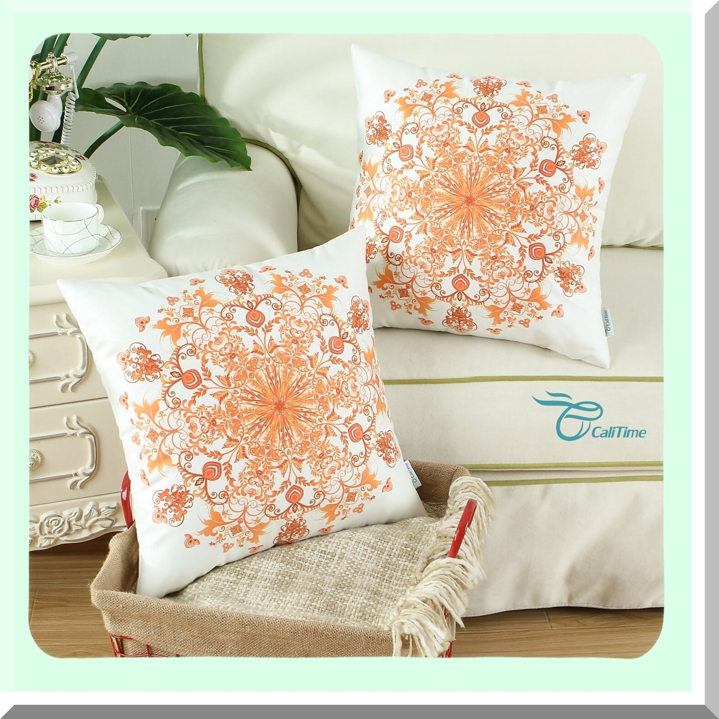 Vintage Snowflake Floral Cozy Fleece Pillow Covers - Set of 2 Orange Red Throw Cases for Couch Bed Sofa - 18 X 18 Inches