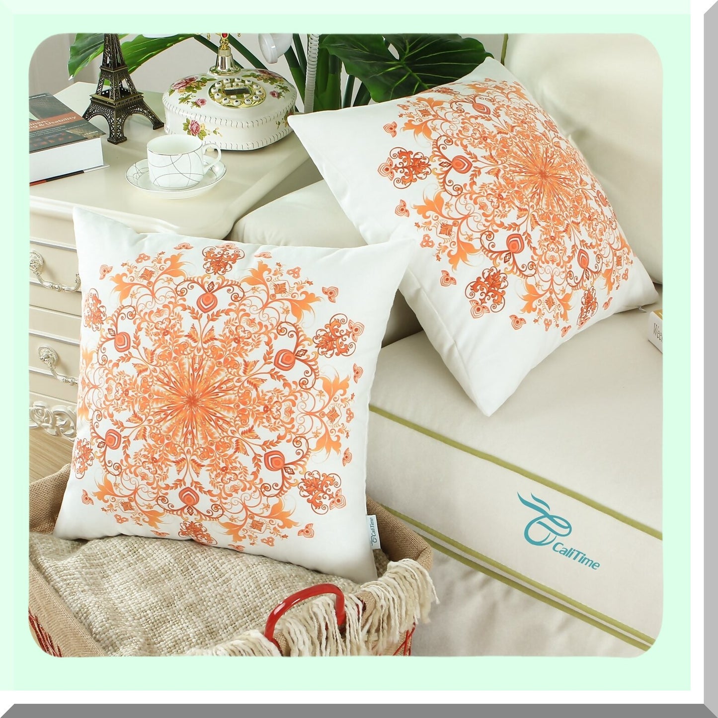 Vintage Snowflake Floral Cozy Fleece Pillow Covers - Set of 2 Orange Red Throw Cases for Couch Bed Sofa - 18 X 18 Inches