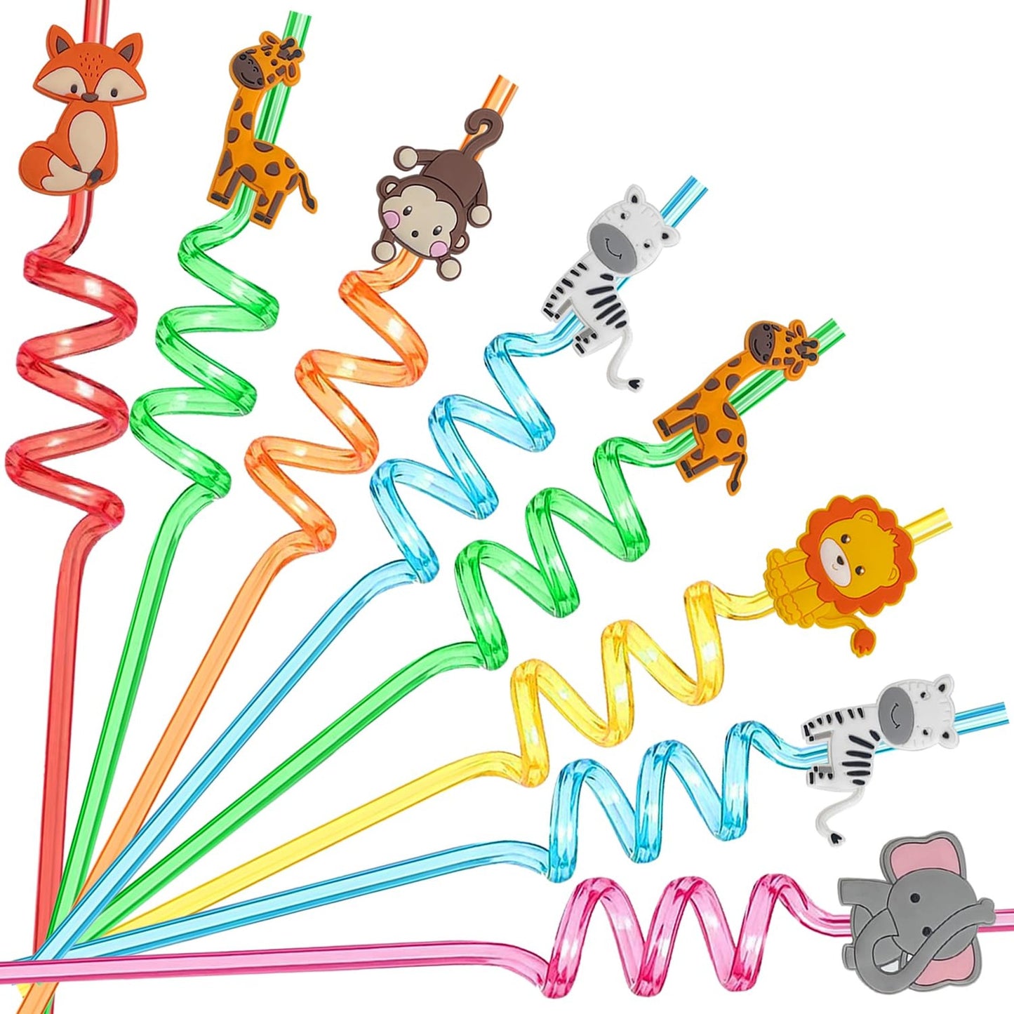 Jungle Safari Reusable Animal Straws Set - Zebra Fox Monkey Giraffe Elephant Woodland Forest Zoo Party Favors with Cleaning Brush - Kids Gift