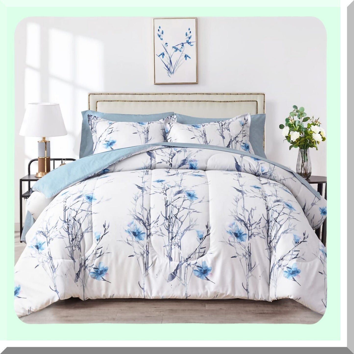 Blue Botanical Bliss Bedding Set - 7 Piece Queen Comforter Set with Sheets - All Season Floral Branch Design - 1 Comforter, 2 Shams, 1 Flat Sheet, 1 Fitted Sheet, 2 Pillowcases - White and Blue Theme
