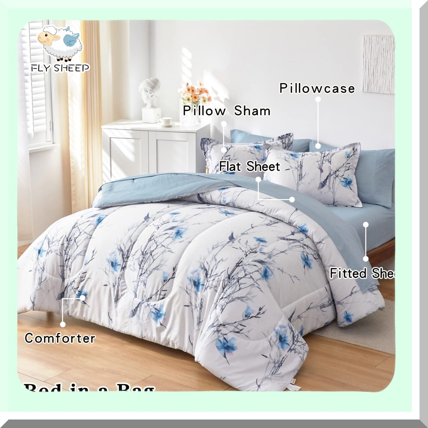 Blue Botanical Bliss Bedding Set - 7 Piece Queen Comforter Set with Sheets - All Season Floral Branch Design - 1 Comforter, 2 Shams, 1 Flat Sheet, 1 Fitted Sheet, 2 Pillowcases - White and Blue Theme