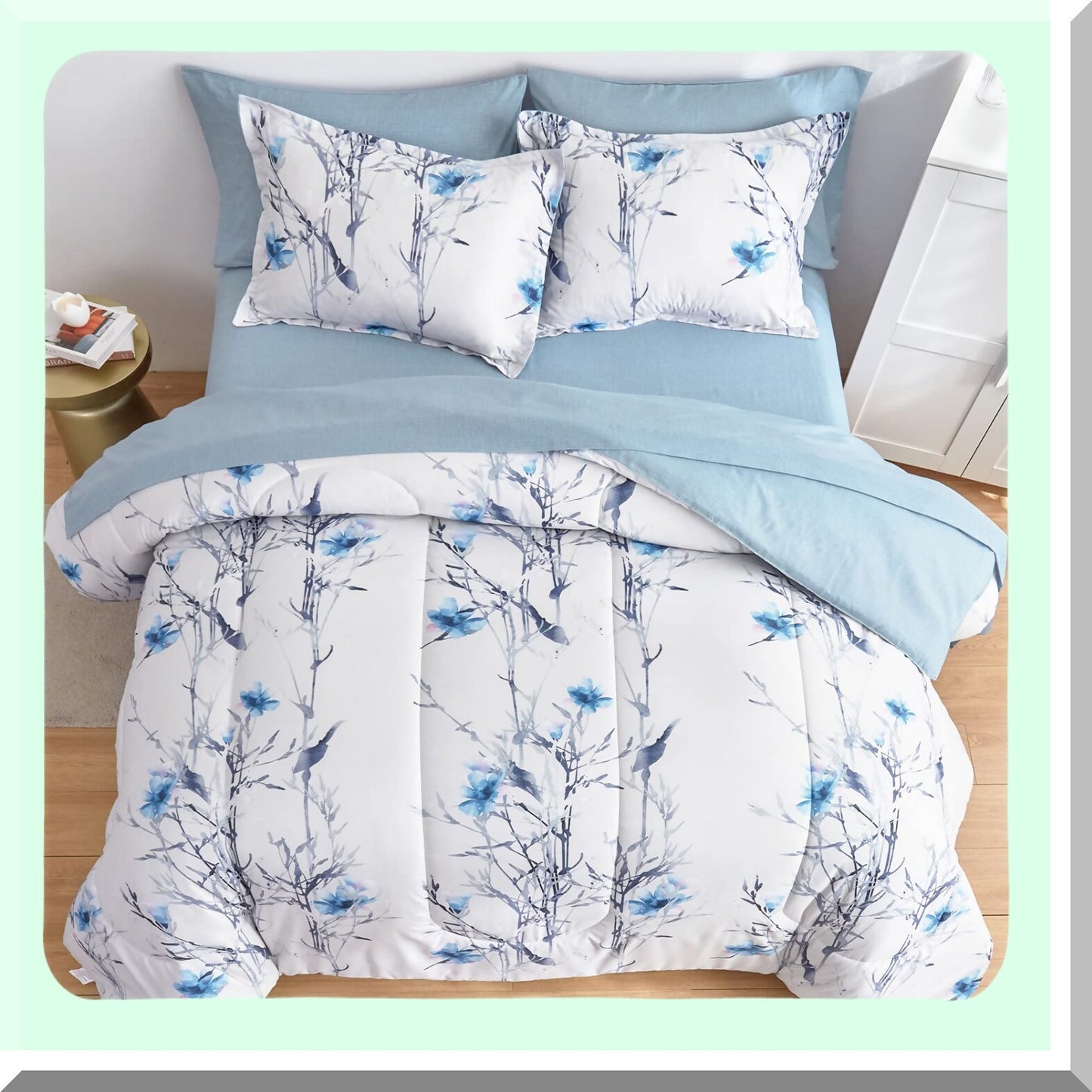 Blue Botanical Bliss Bedding Set - 7 Piece Queen Comforter Set with Sheets - All Season Floral Branch Design - 1 Comforter, 2 Shams, 1 Flat Sheet, 1 Fitted Sheet, 2 Pillowcases - White and Blue Theme