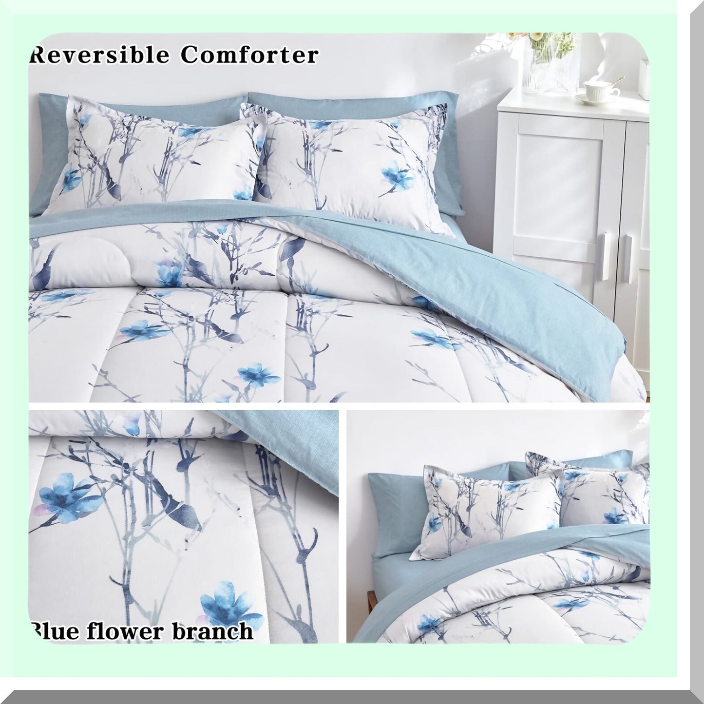 Blue Botanical Bliss Bedding Set - 7 Piece Queen Comforter Set with Sheets - All Season Floral Branch Design - 1 Comforter, 2 Shams, 1 Flat Sheet, 1 Fitted Sheet, 2 Pillowcases - White and Blue Theme