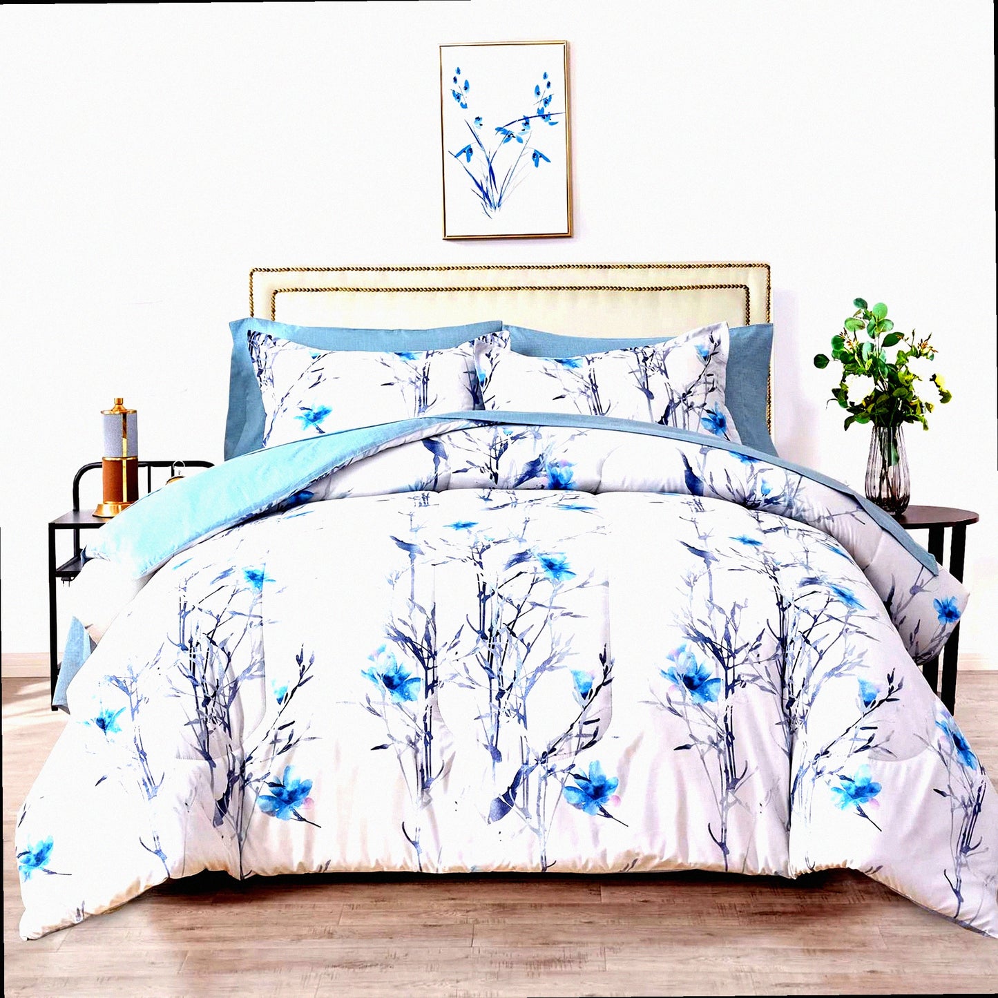 Blue Botanical Bliss Bedding Set - 7 Piece Queen Comforter Set with Sheets - All Season Floral Branch Design - 1 Comforter, 2 Shams, 1 Flat Sheet, 1 Fitted Sheet, 2 Pillowcases - White and Blue Theme