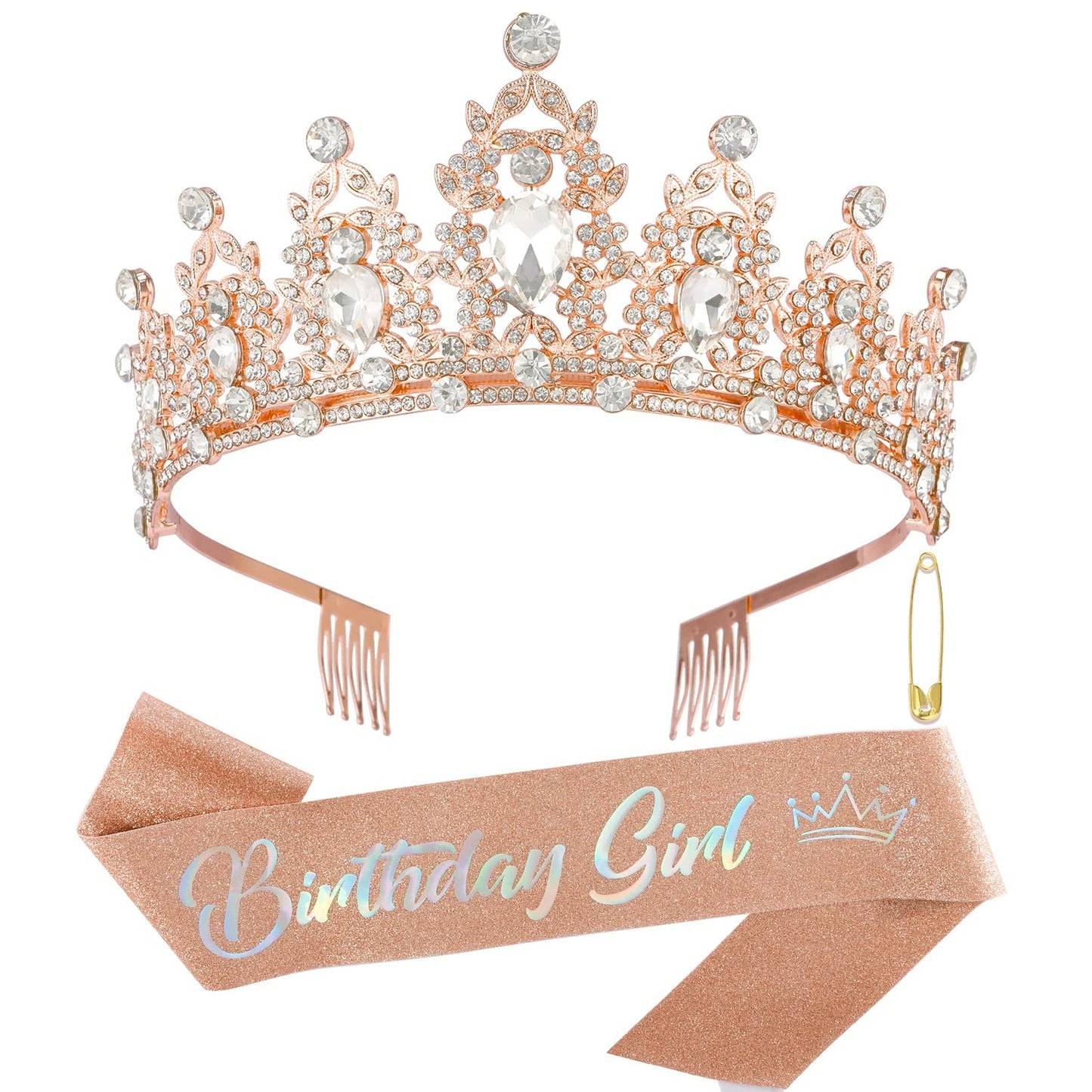 Rose Gold Glitter Birthday Crown & Sash Set - Princess Tiara & Party Decorations Combo for Women. Perfect Birthday Gift & Party Favor for Girls!