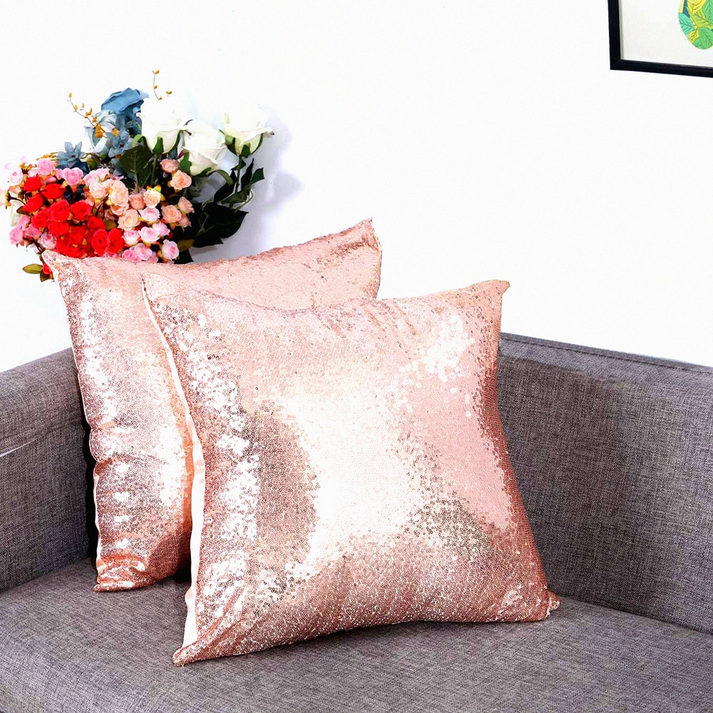 Rose Gold Sequin Sparkle Pillow Covers - Set of 2 | Decorative Throw Pillows for Couch Sofa | 18 X 18 Inches Glam Home Decor