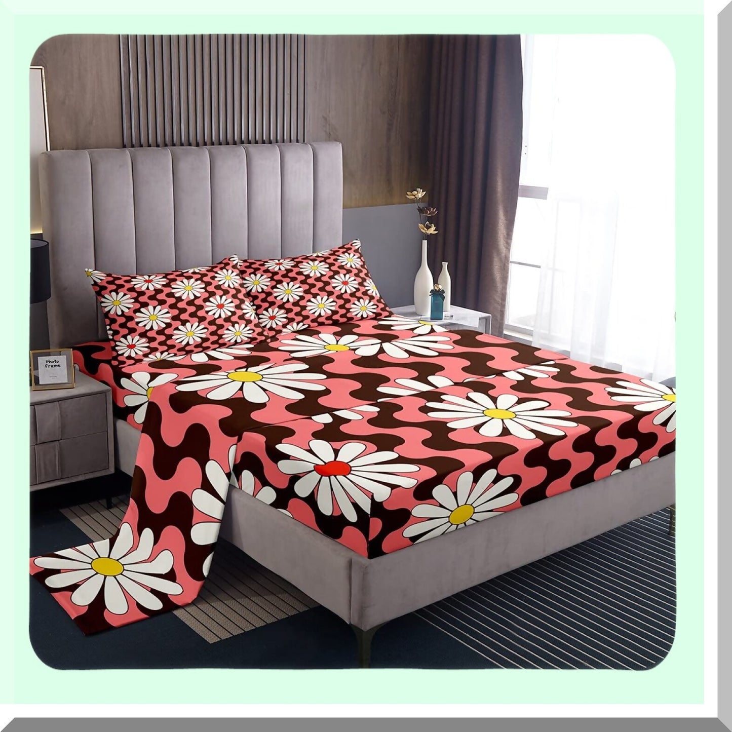 Groovy Floral Dream Sheet Set - Psychedelic Red Flowers, Deep Pocket Fitted Sheet, Boho Queen Size Bedding Set - 70s Hippie Bohemian Decor - 4Pcs