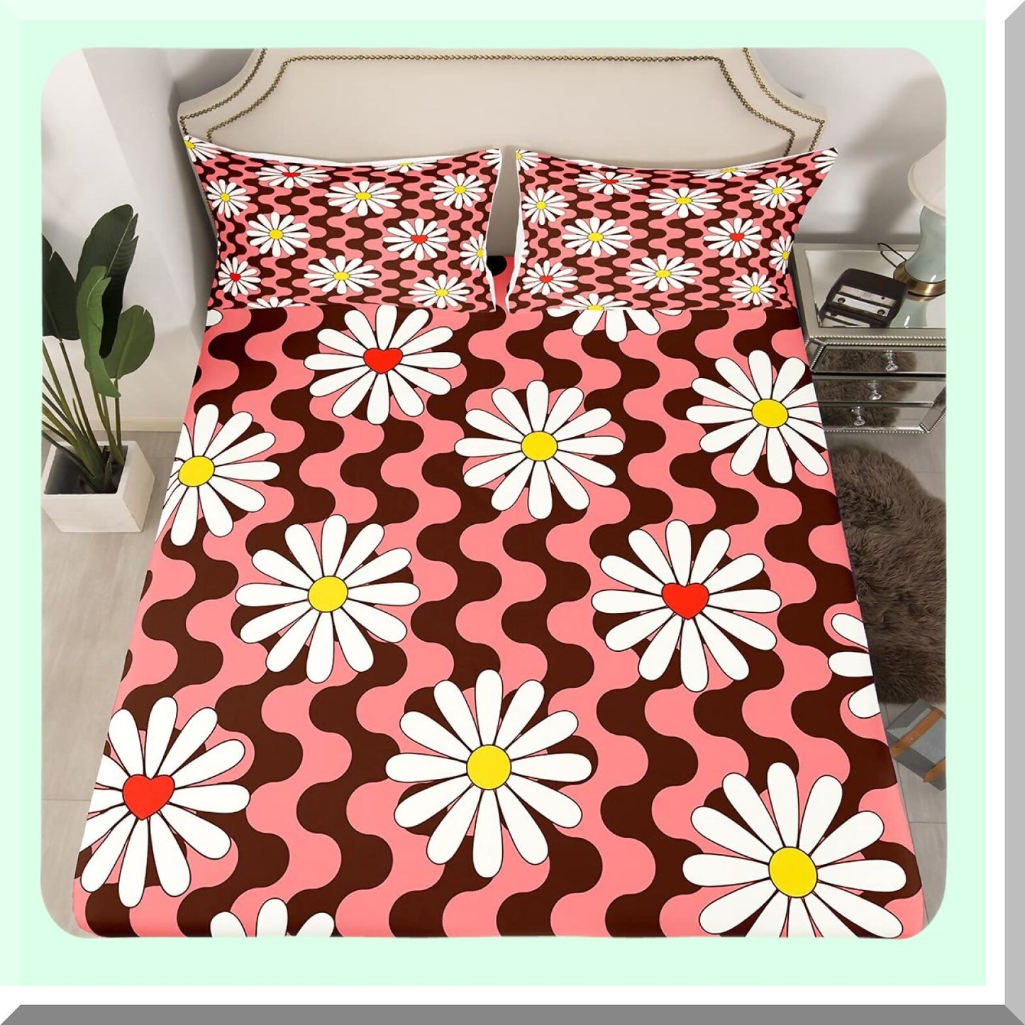 Groovy Floral Dream Sheet Set - Psychedelic Red Flowers, Deep Pocket Fitted Sheet, Boho Queen Size Bedding Set - 70s Hippie Bohemian Decor - 4Pcs