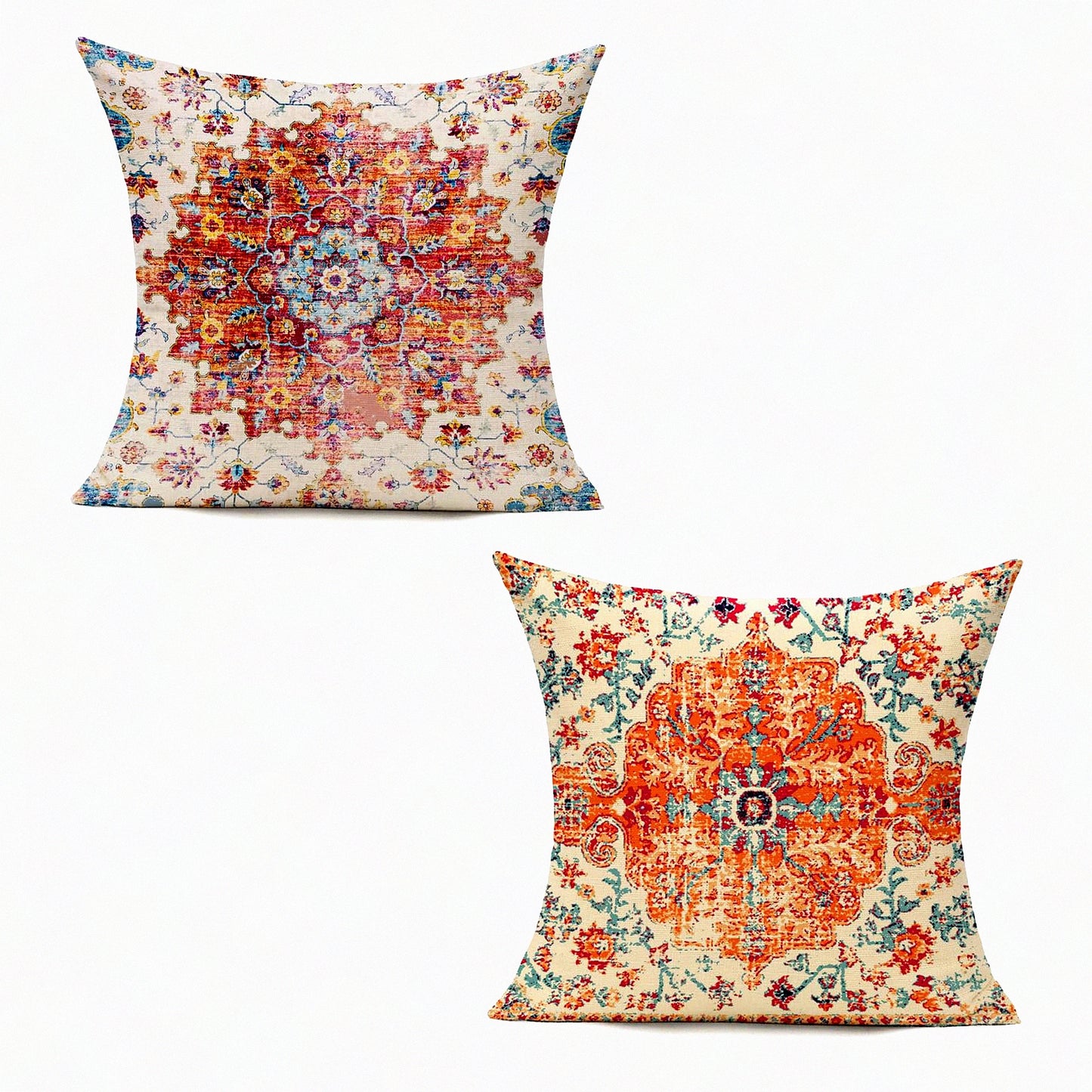 Boho Farmhouse Floral Pillow Covers - Set of 2 16x16 Orange Cushion Cases for Living Room & Bedroom Decor. Spring Outdoor Bohemian Carpet Gray