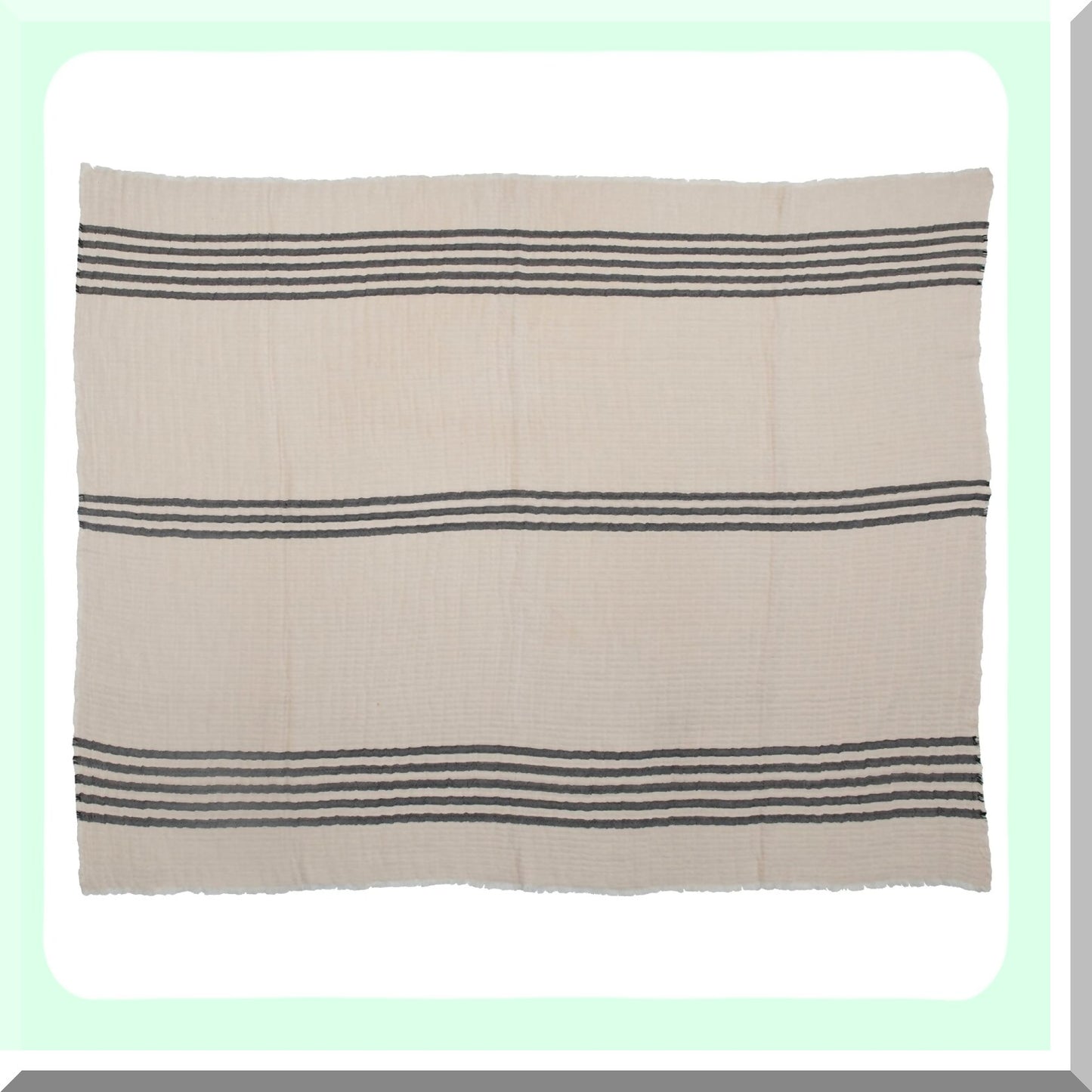 Coastal Stripe Woven Cotton Blanket with Frayed Edges - Cream & Black