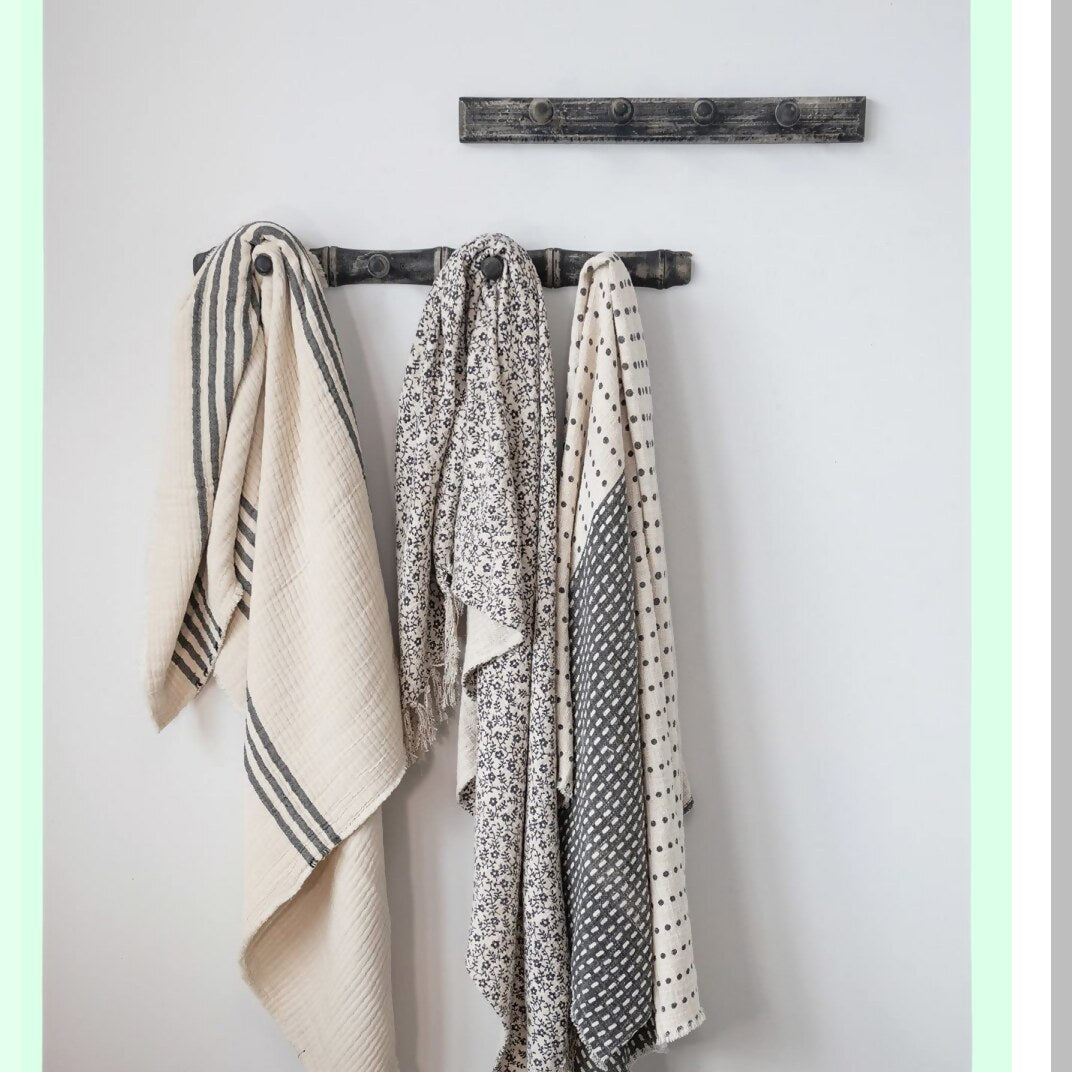 Coastal Stripe Woven Cotton Blanket with Frayed Edges - Cream & Black