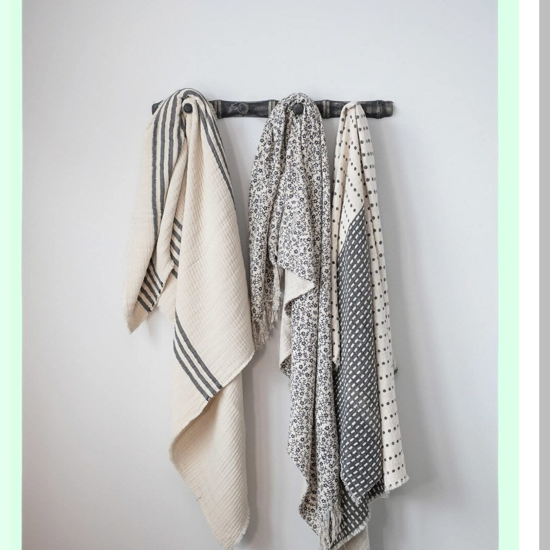 Coastal Stripe Woven Cotton Blanket with Frayed Edges - Cream & Black